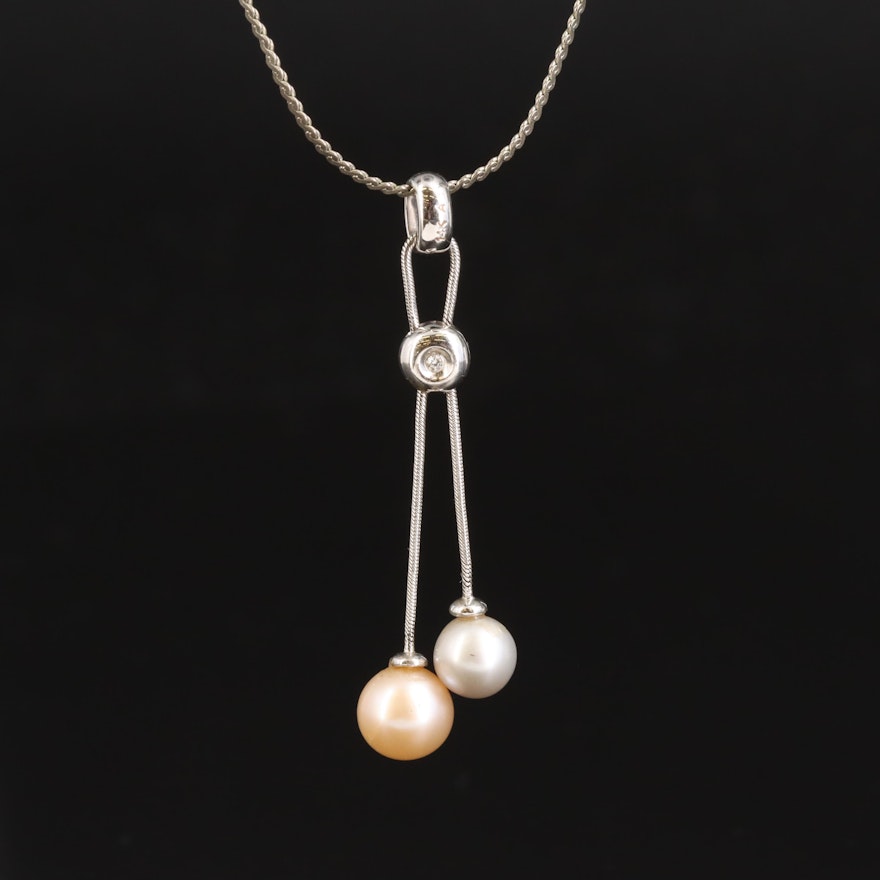 14K Pearl and Diamond Pendant on Serpentine Chain Necklace