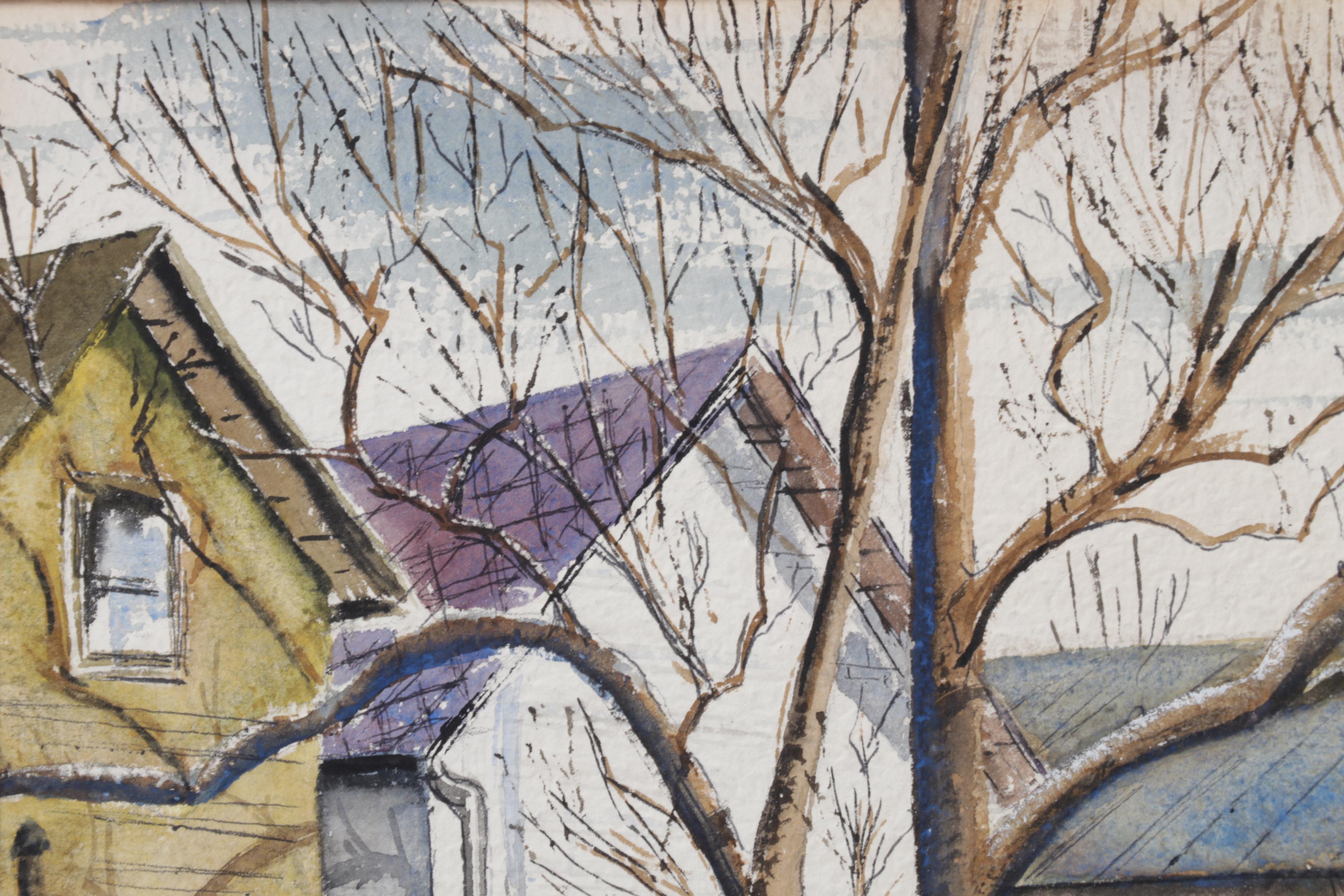 Martha E. Smith Folk Art Watercolor Painting of Clotheslines, 1958