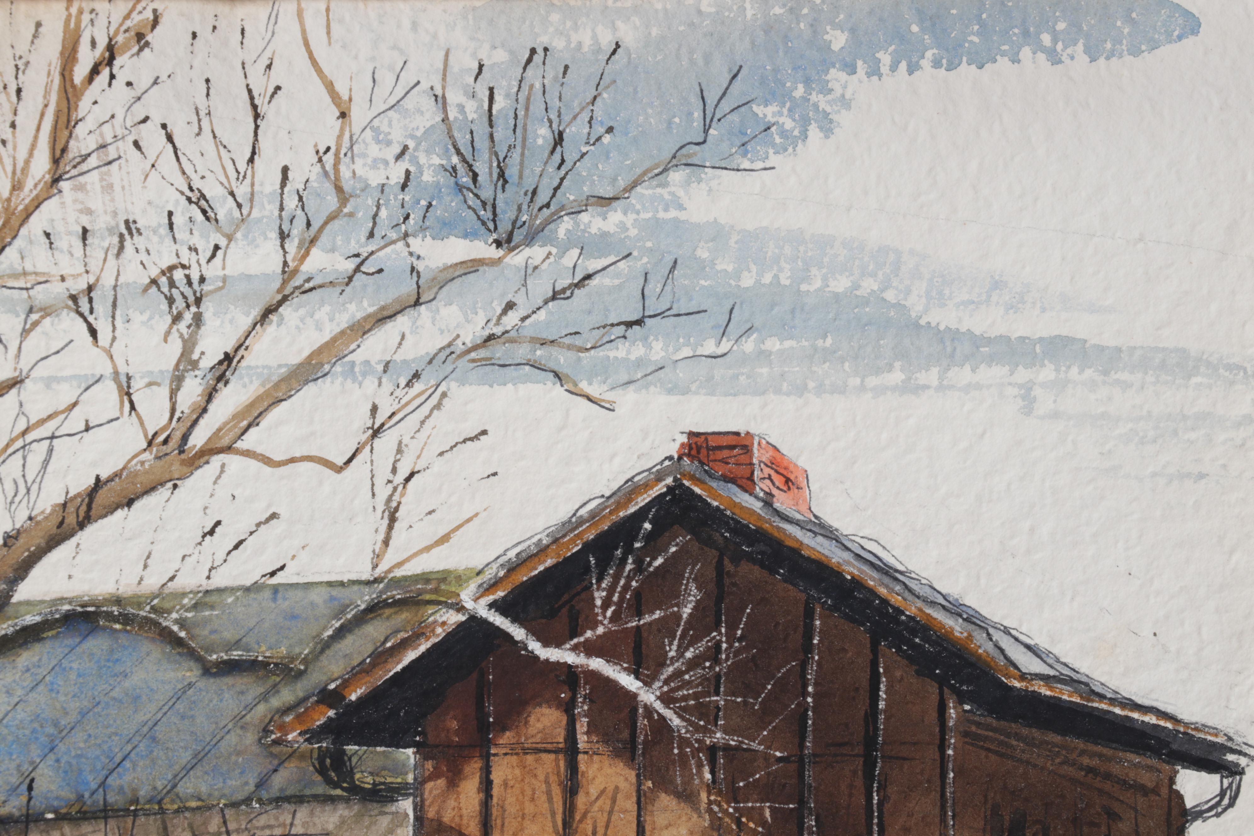 Martha E. Smith Folk Art Watercolor Painting of Clotheslines, 1958