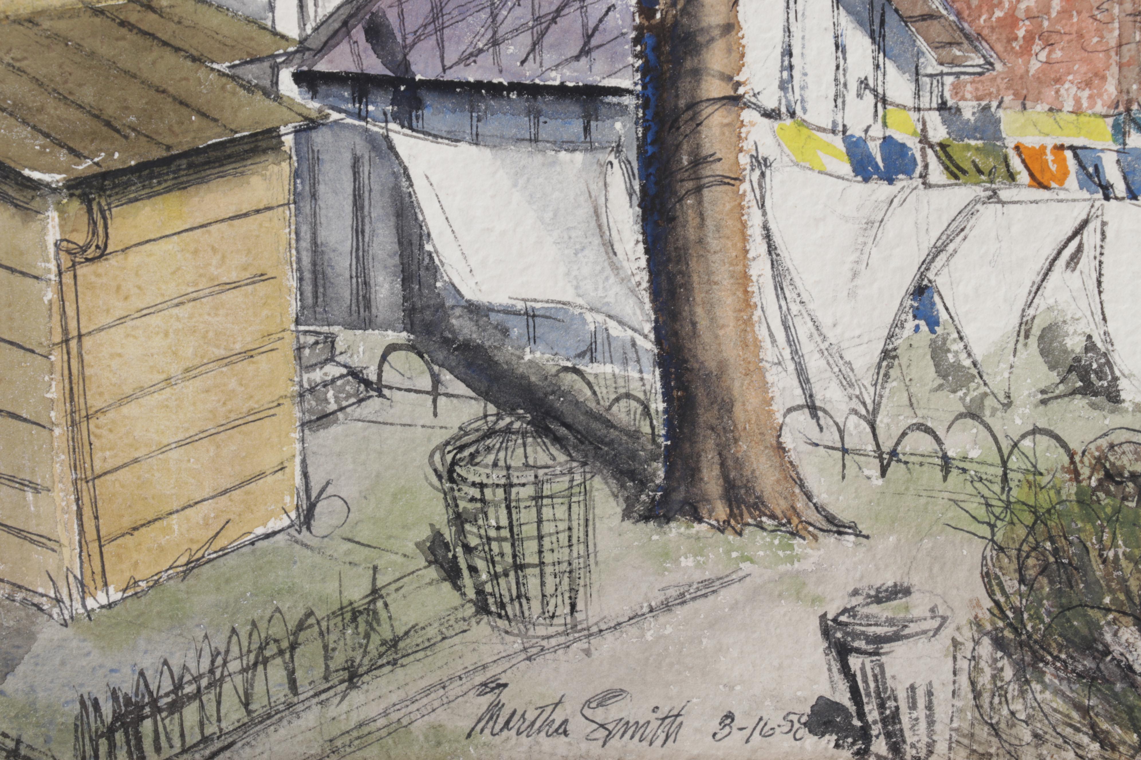 Martha E. Smith Folk Art Watercolor Painting of Clotheslines, 1958
