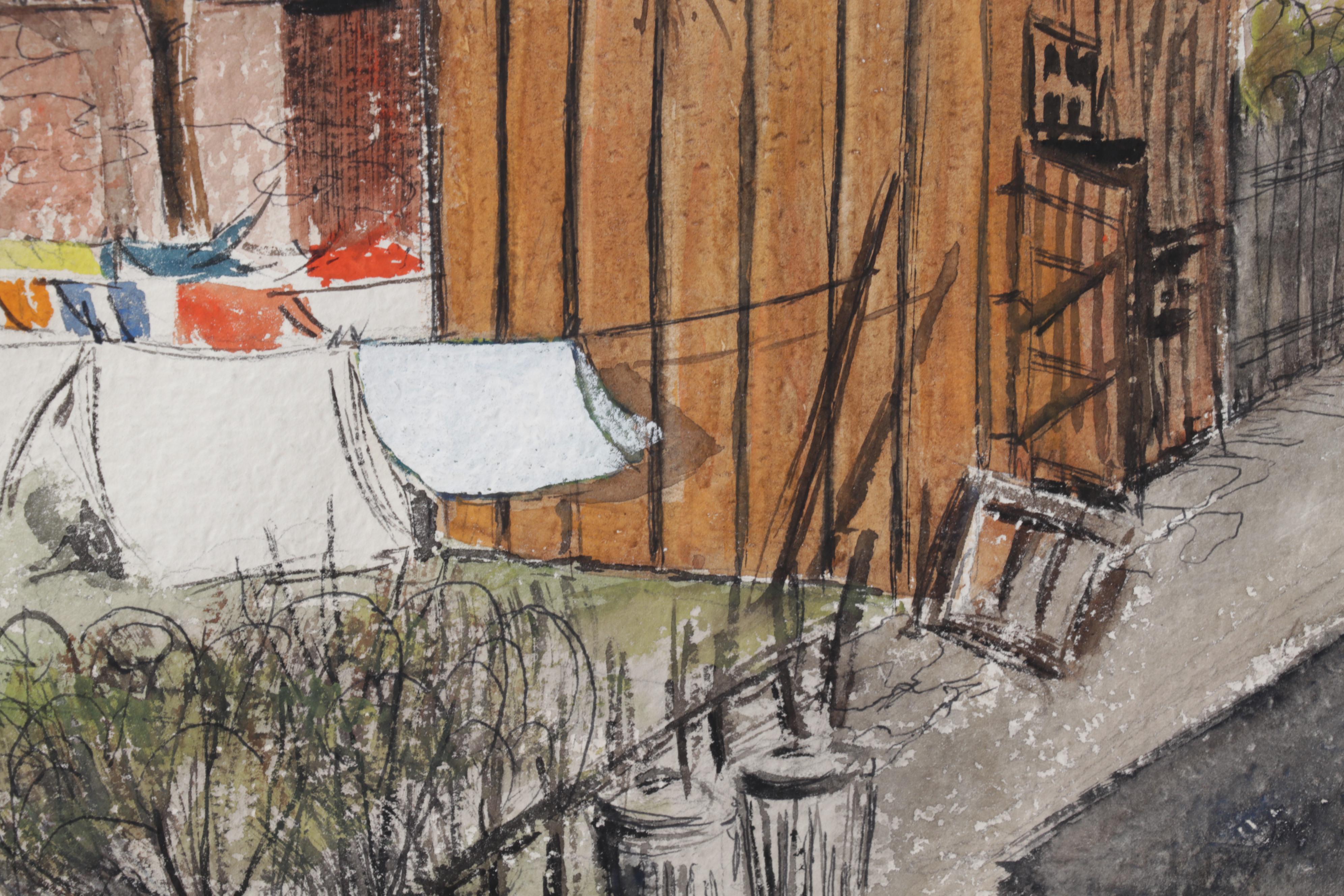 Martha E. Smith Folk Art Watercolor Painting of Clotheslines, 1958