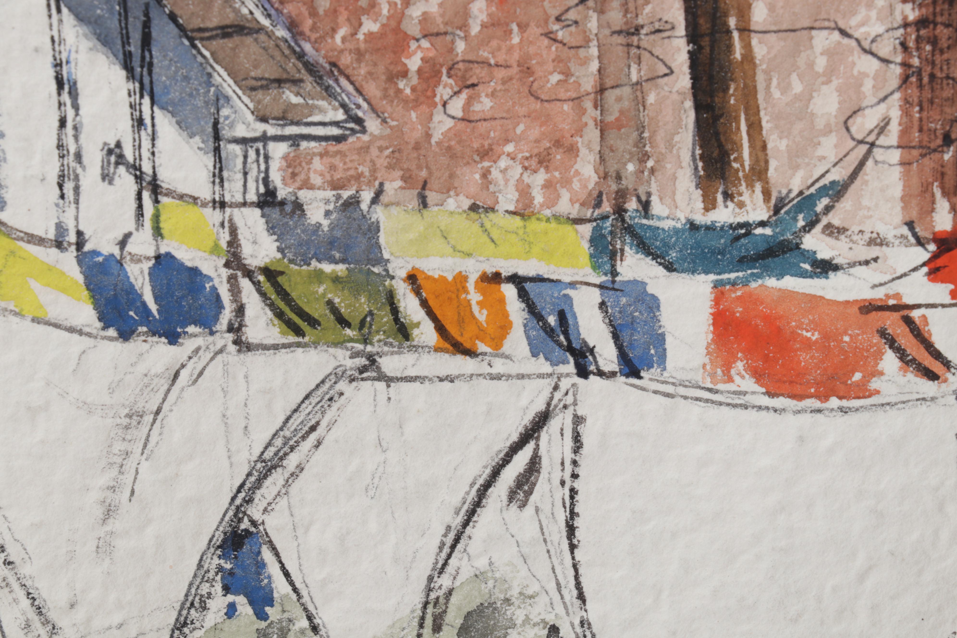 Martha E. Smith Folk Art Watercolor Painting of Clotheslines, 1958