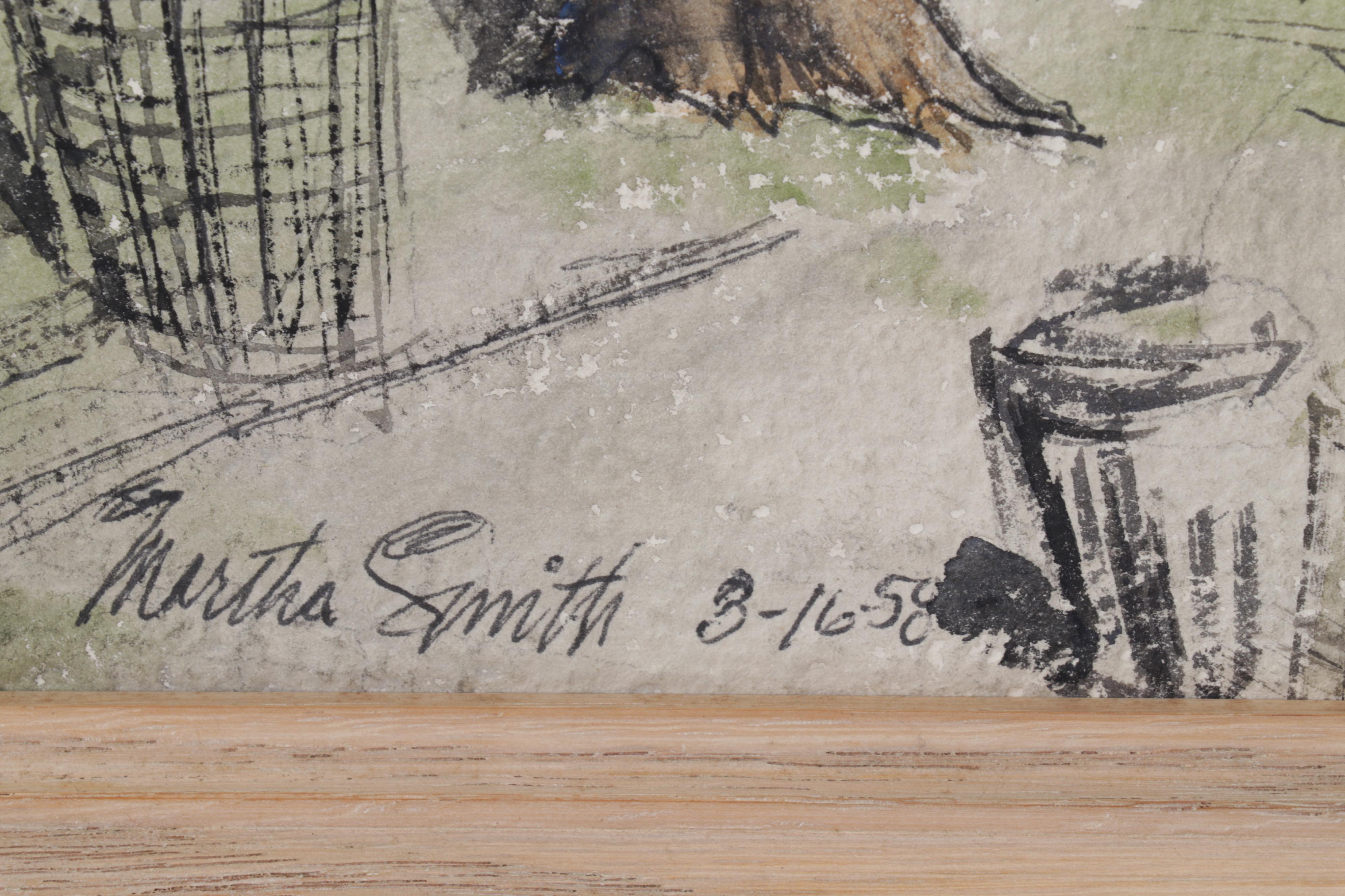 Martha E. Smith Folk Art Watercolor Painting of Clotheslines, 1958