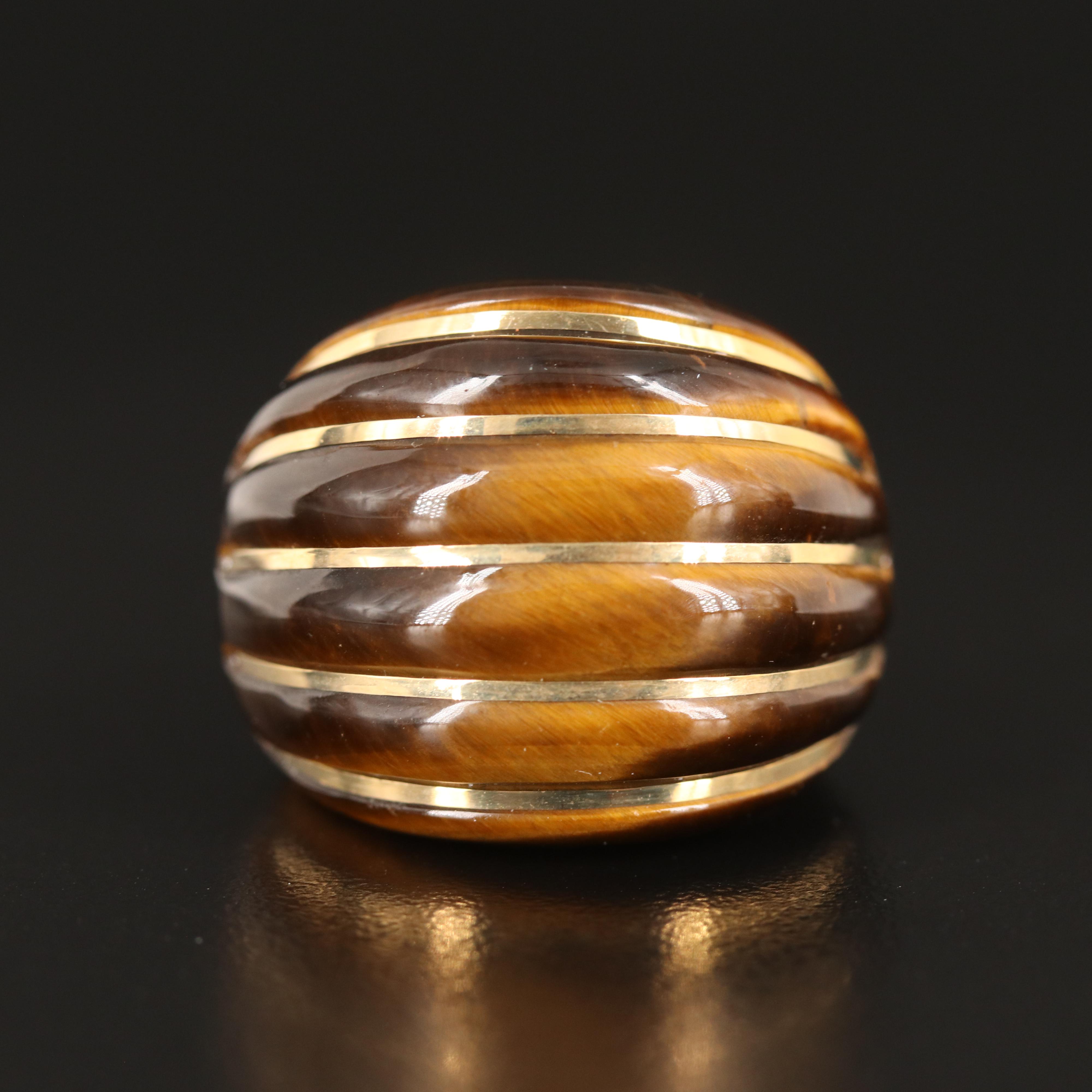 Milor Italian 14K Fluted Tiger's Eye Quartz Hololith Ring