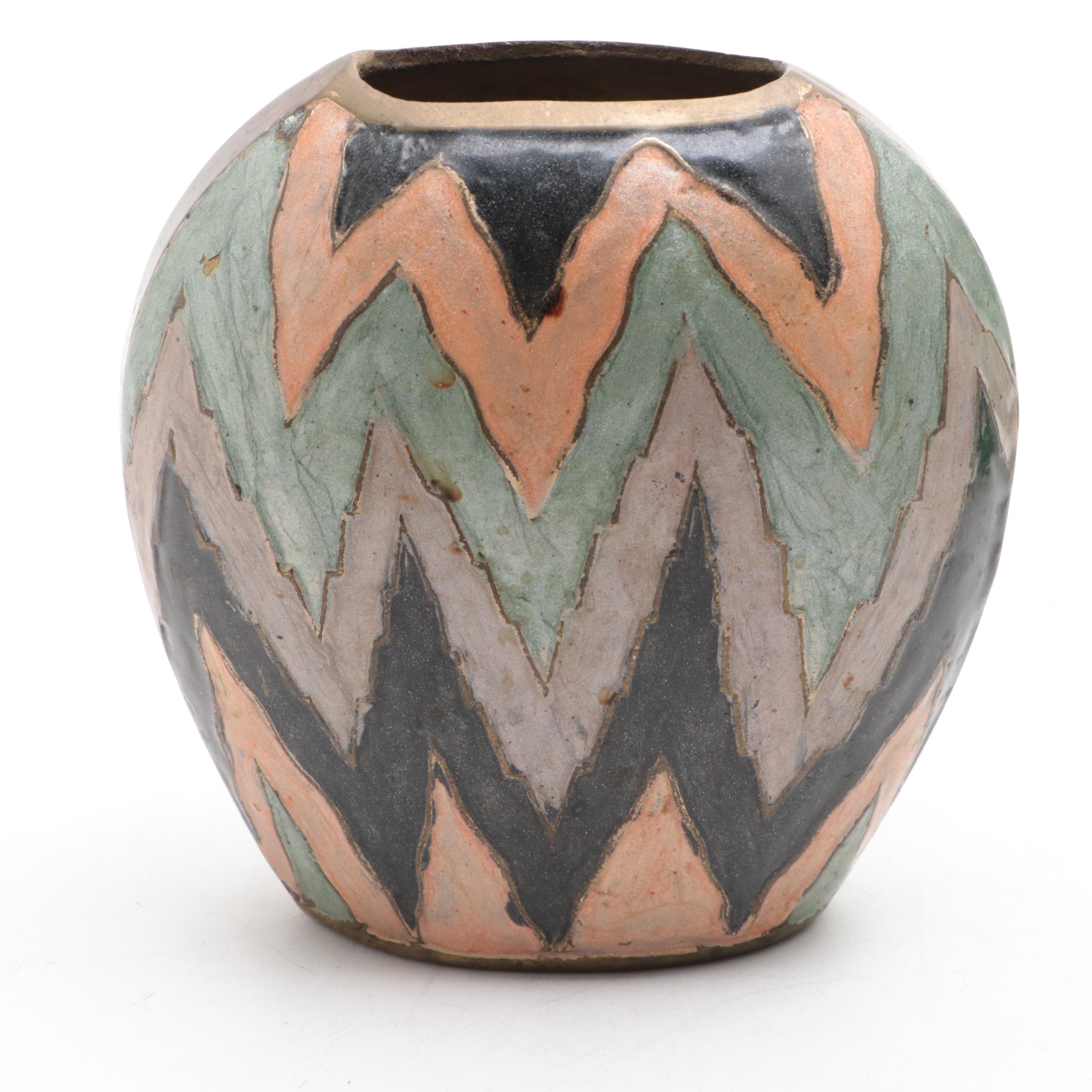 English Chinoiserie Toleware Trays with Enameled Brass Vase and Glass Tumblers