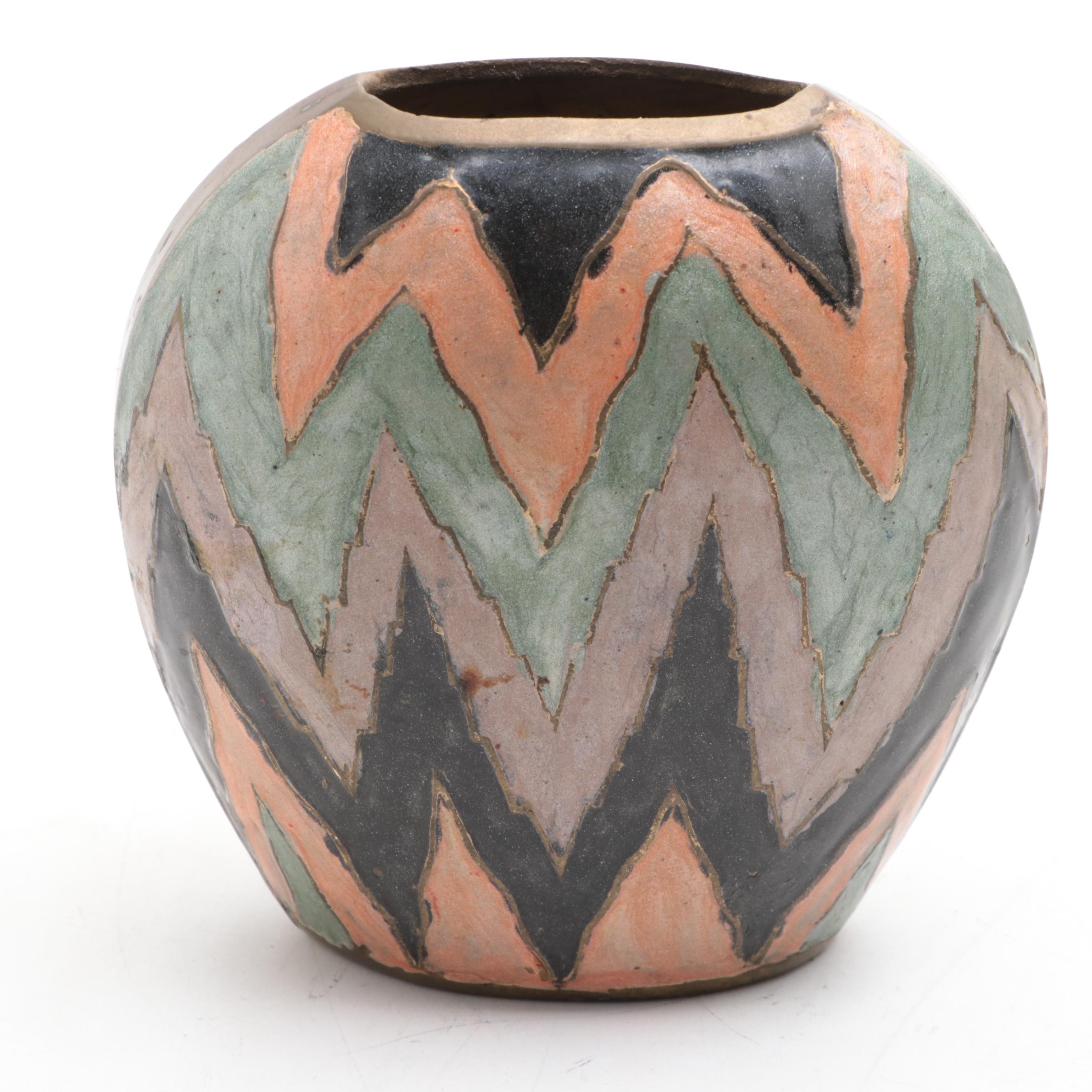 English Chinoiserie Toleware Trays with Enameled Brass Vase and Glass Tumblers