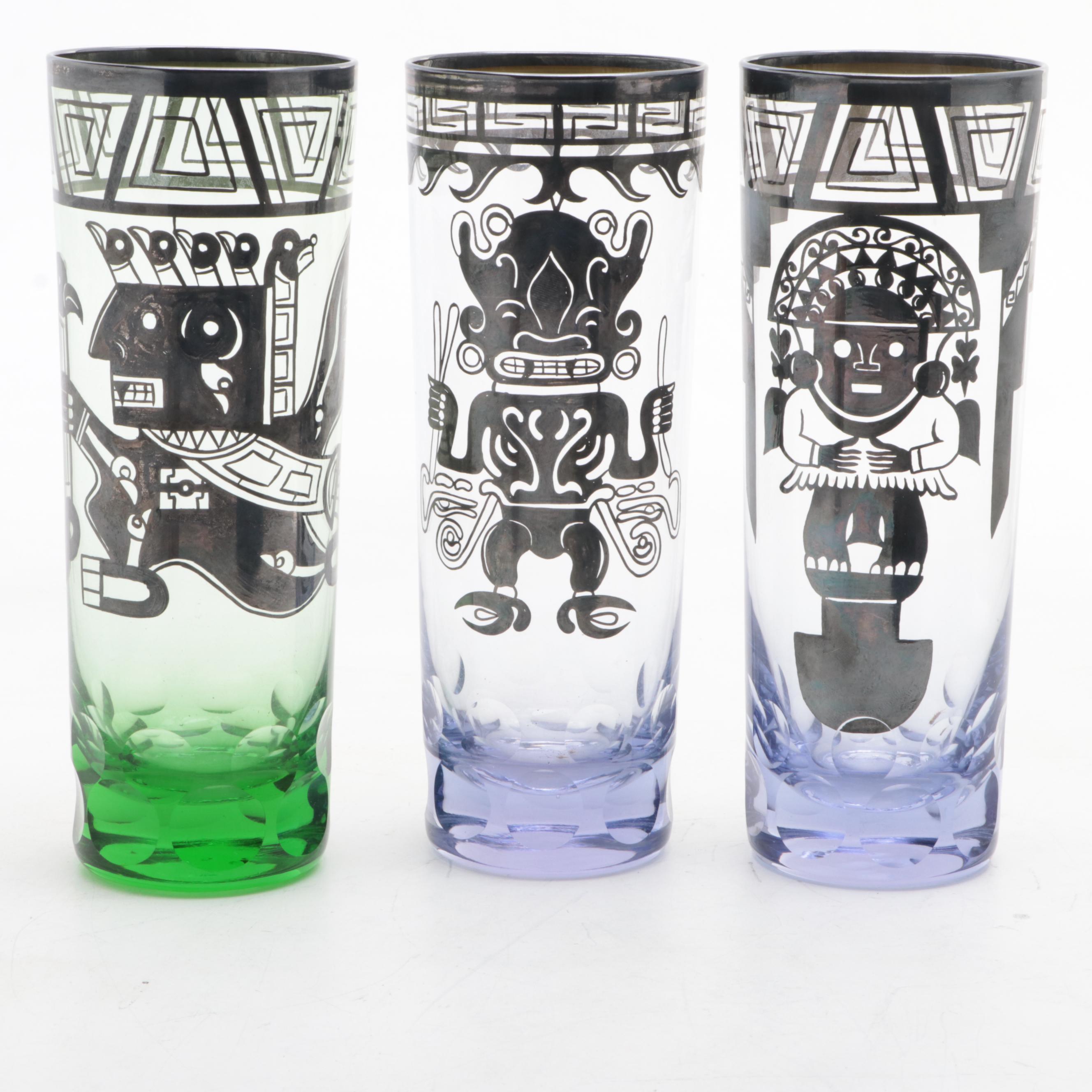 English Chinoiserie Toleware Trays with Enameled Brass Vase and Glass Tumblers