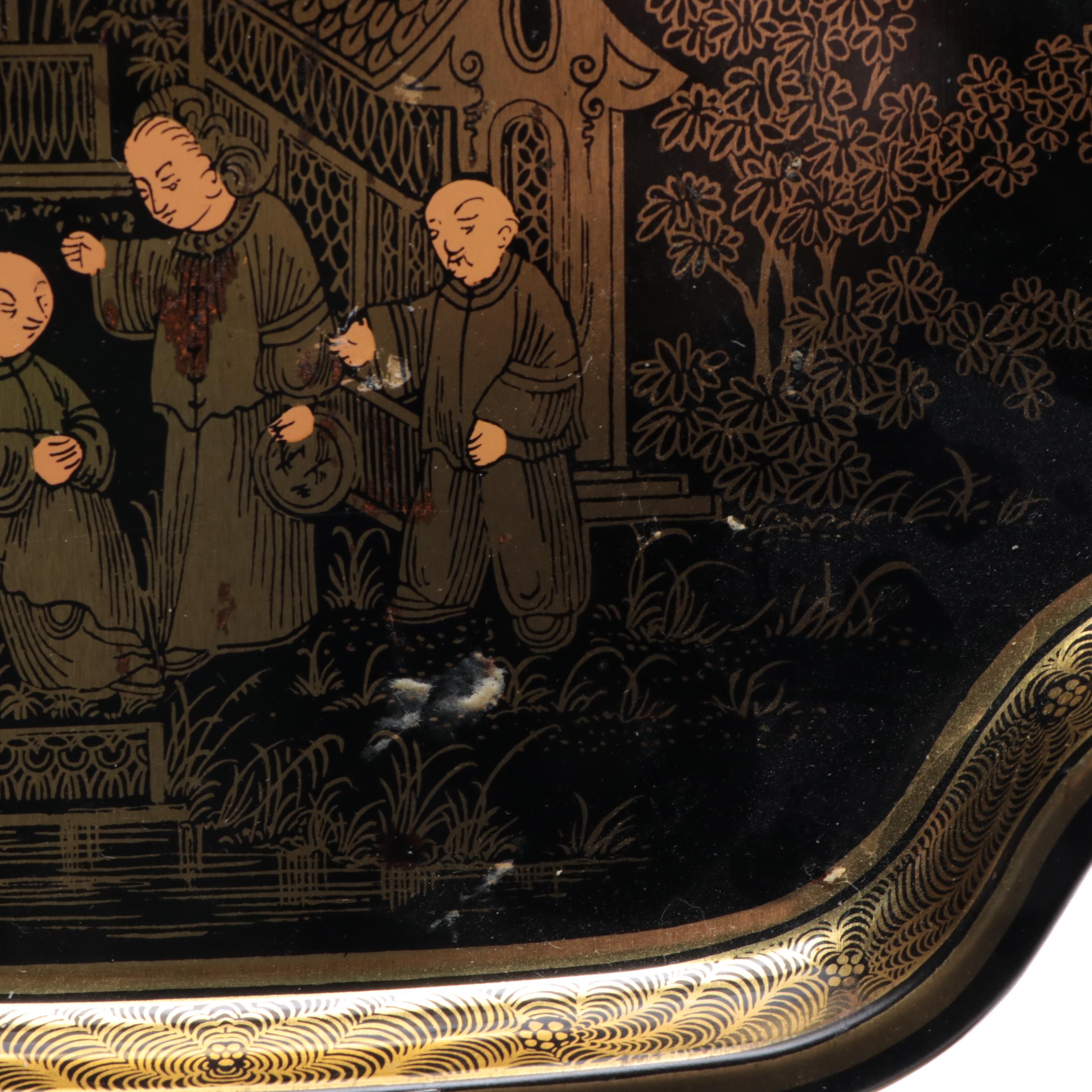 English Chinoiserie Toleware Trays with Enameled Brass Vase and Glass Tumblers