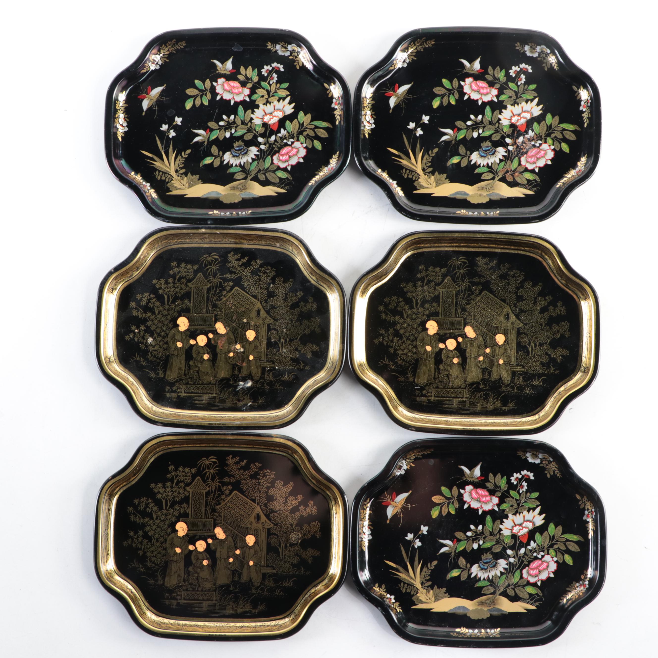English Chinoiserie Toleware Trays with Enameled Brass Vase and Glass Tumblers