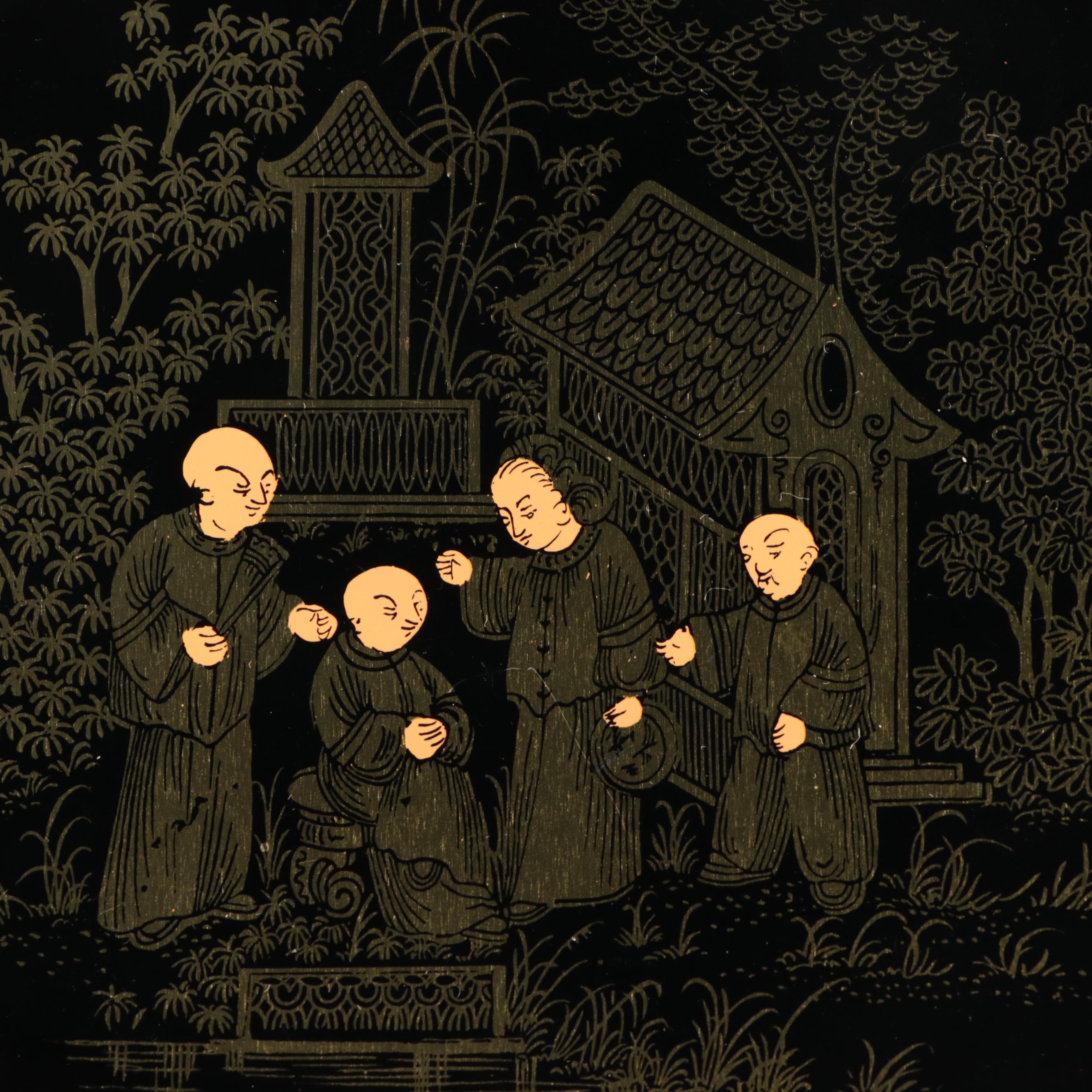 English Chinoiserie Toleware Trays with Enameled Brass Vase and Glass Tumblers