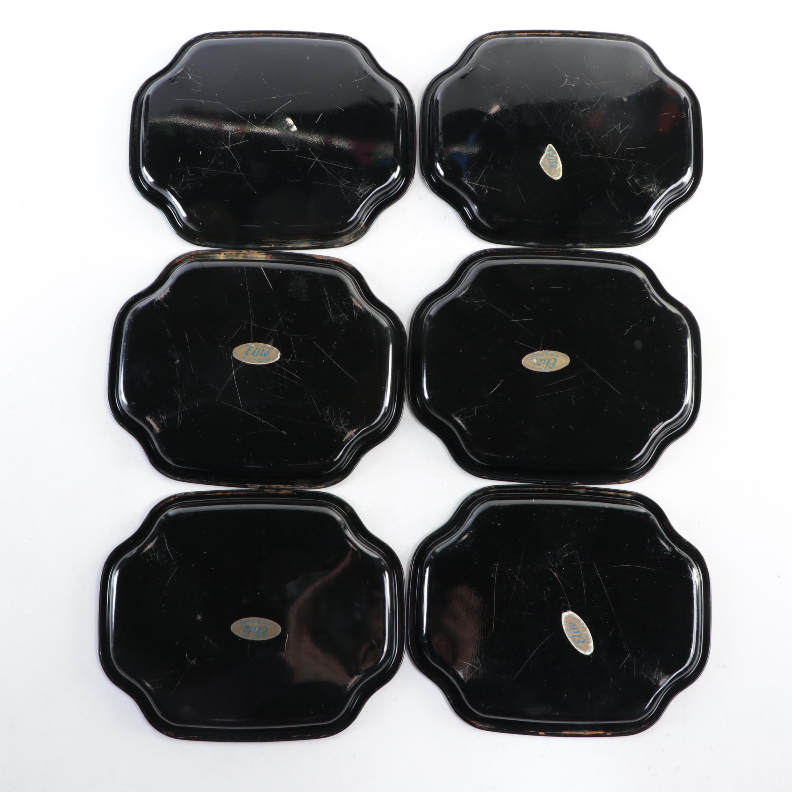 English Chinoiserie Toleware Trays with Enameled Brass Vase and Glass Tumblers