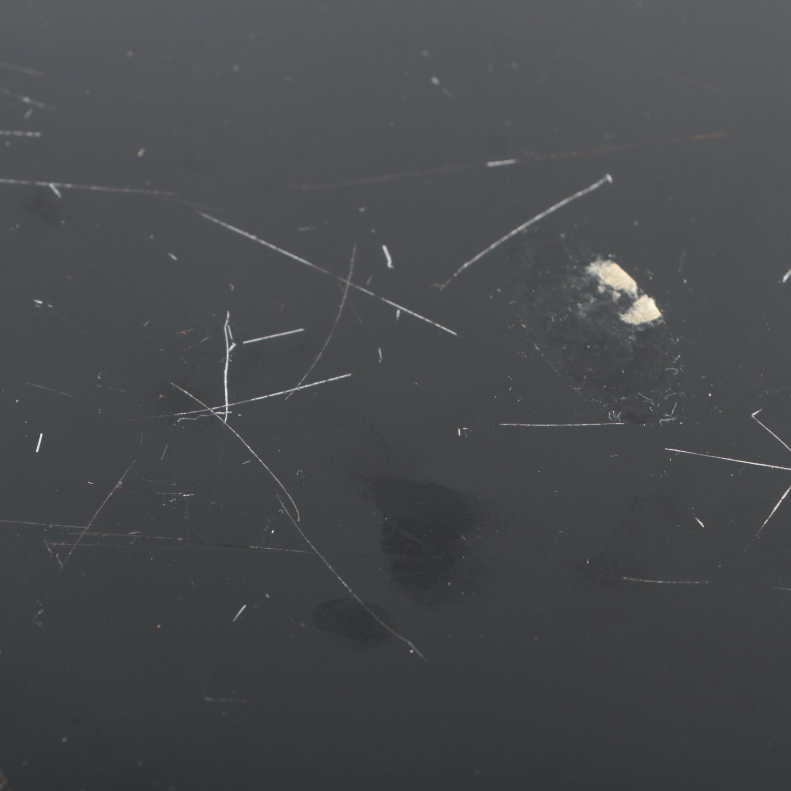English Chinoiserie Toleware Trays with Enameled Brass Vase and Glass Tumblers