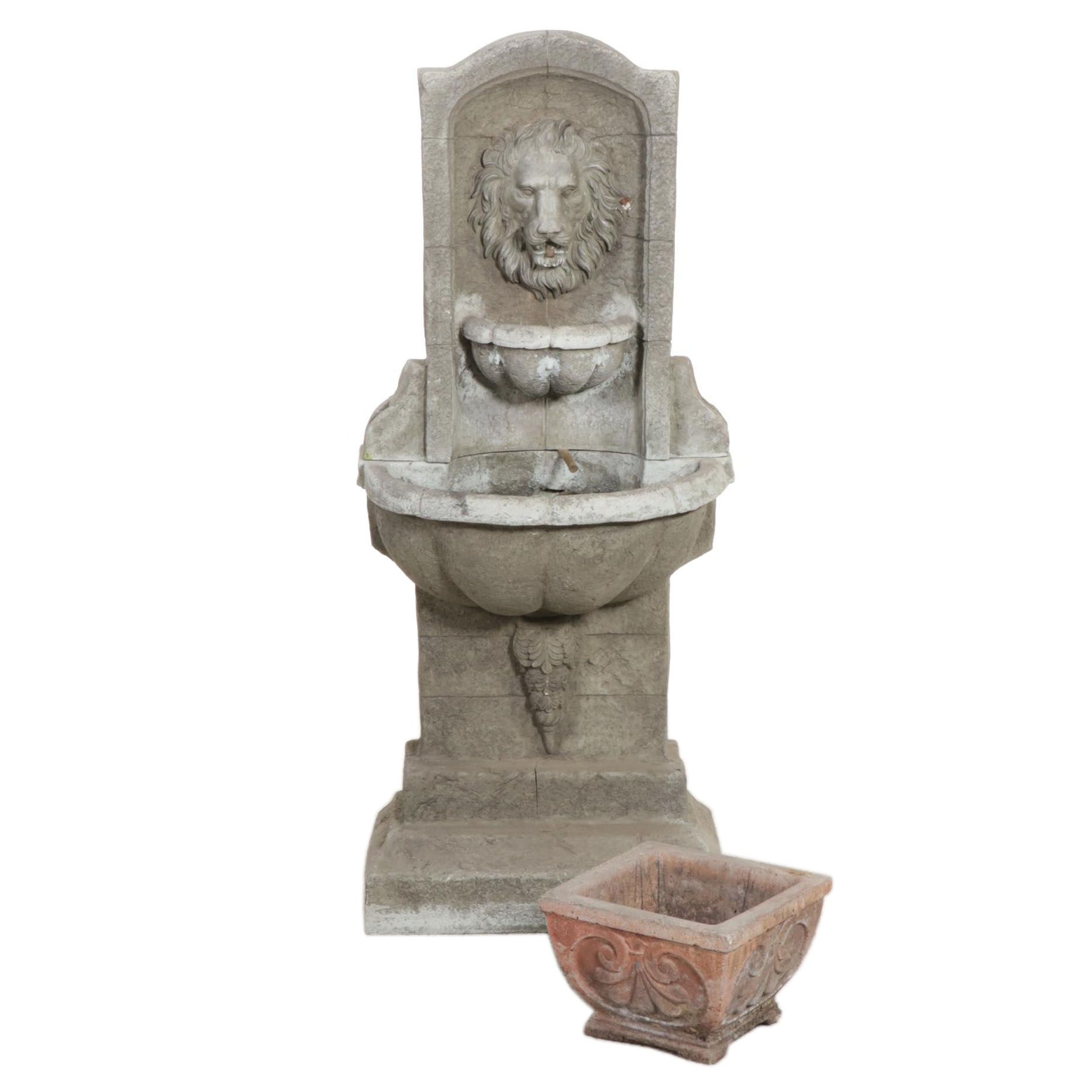 Faux Stone Patio Lion Head Fountain with Concrete Planter