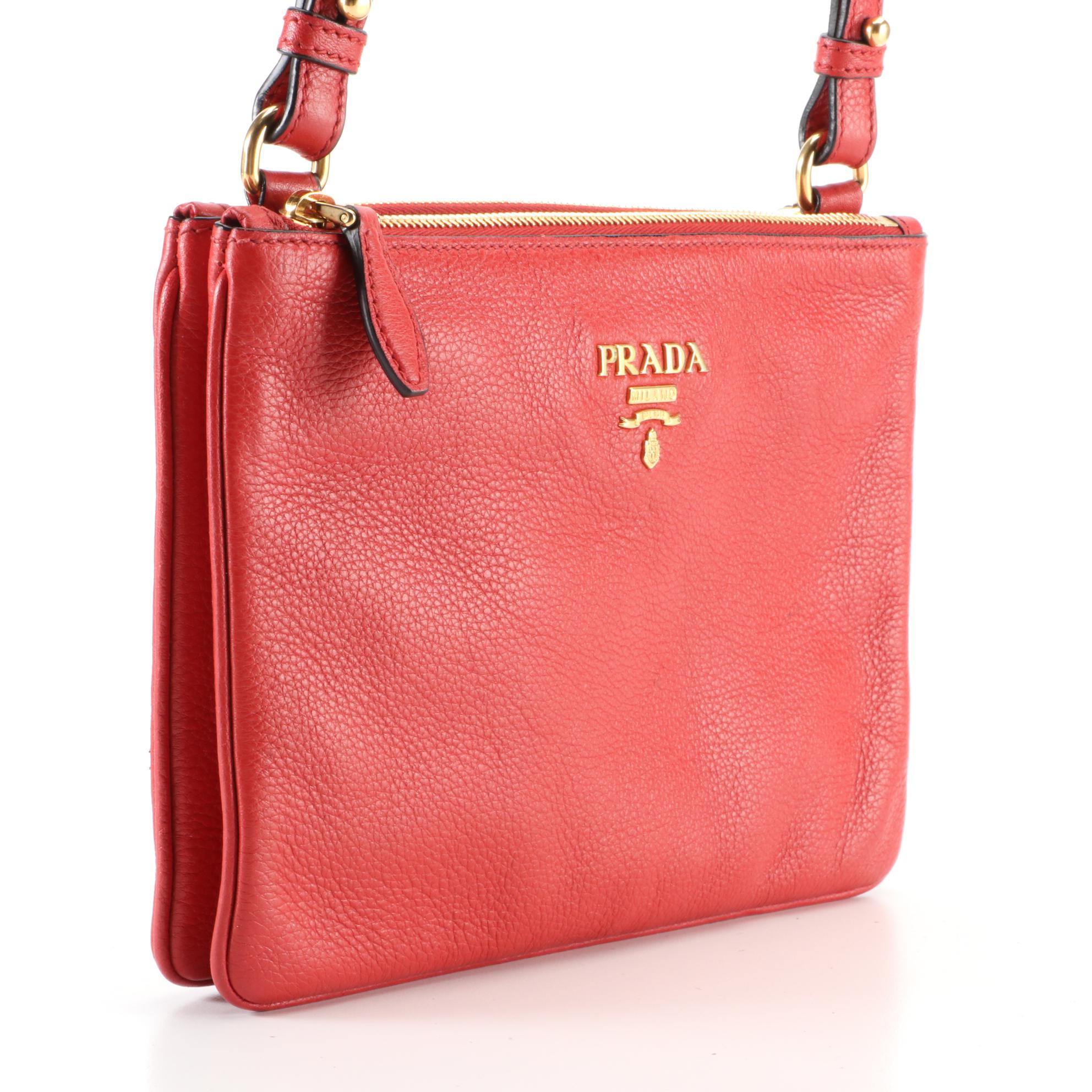 Prada Vitello Daino Crossbody in Red Grained Leather
