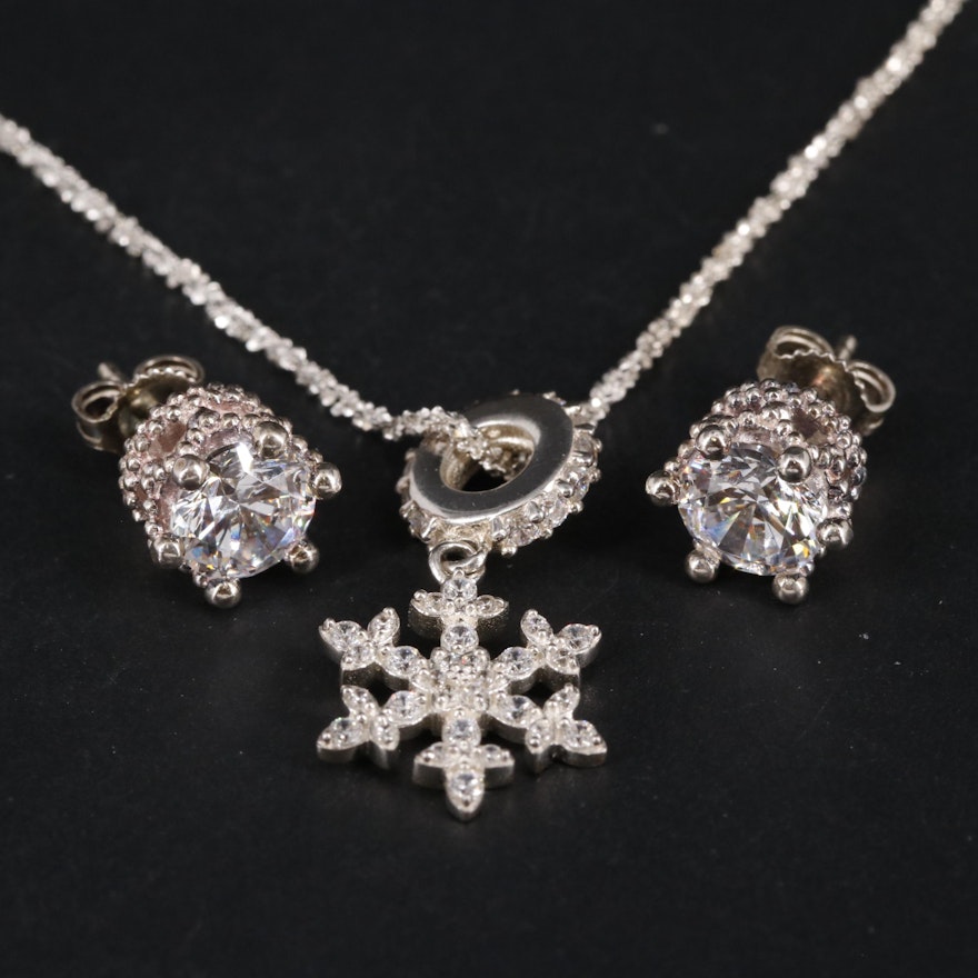 Sterling Cubic Zirconia Stud Earrings and Snowflake Pendant Necklace Set