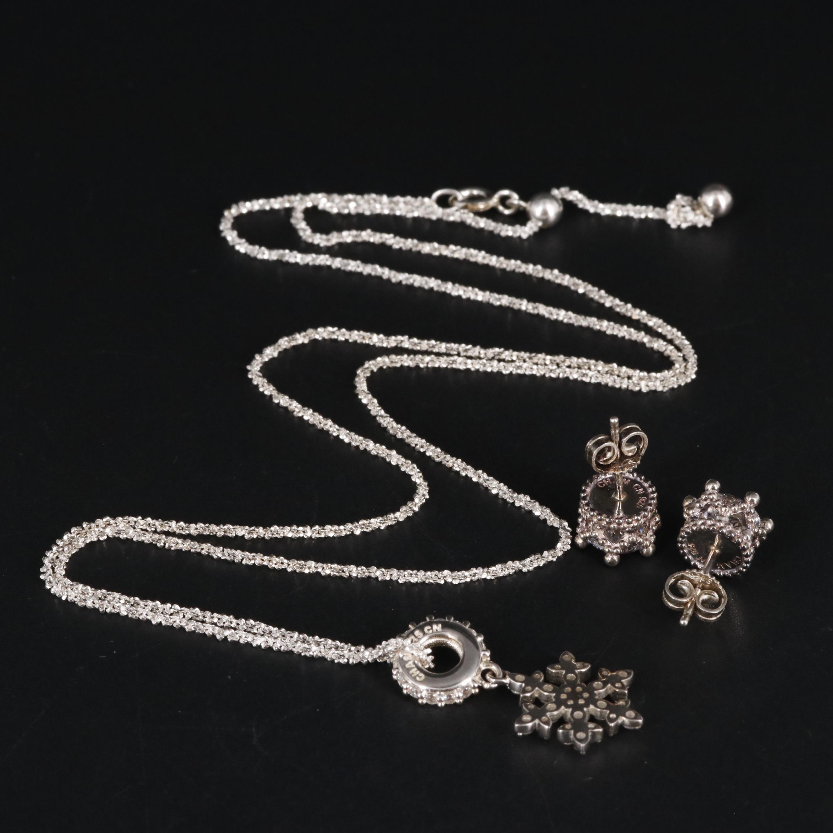 Sterling Cubic Zirconia Stud Earrings and Snowflake Pendant Necklace Set