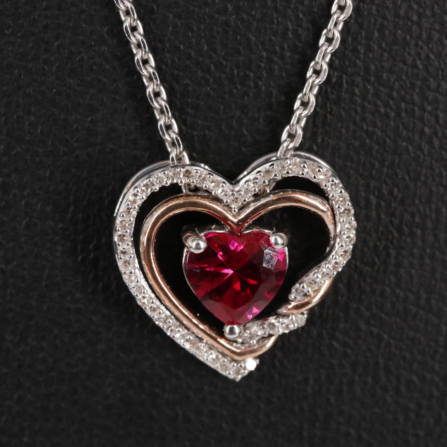 Sterling Ruby and Diamond Heart Pendant Necklace