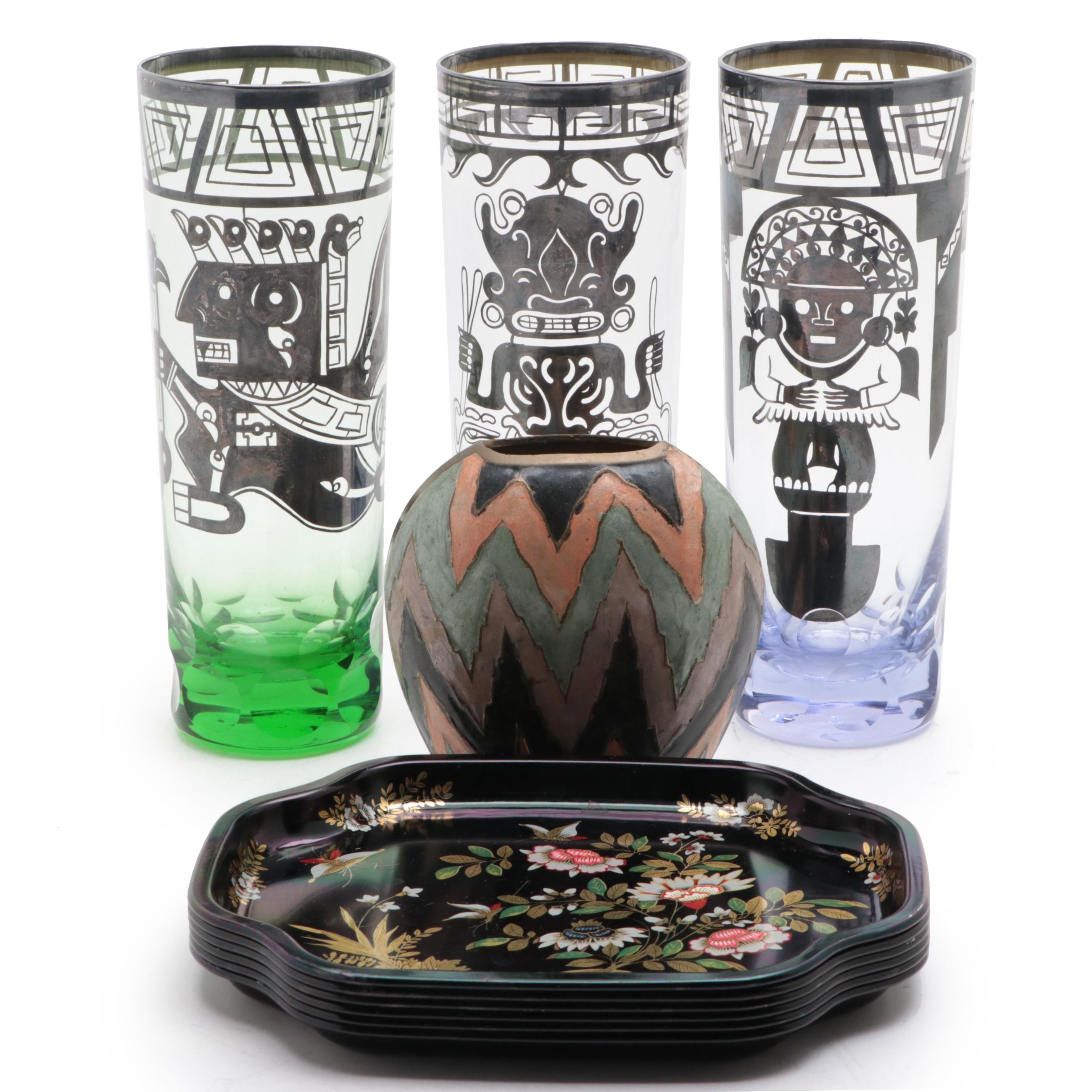 English Chinoiserie Toleware Trays with Enameled Brass Vase and Glass Tumblers