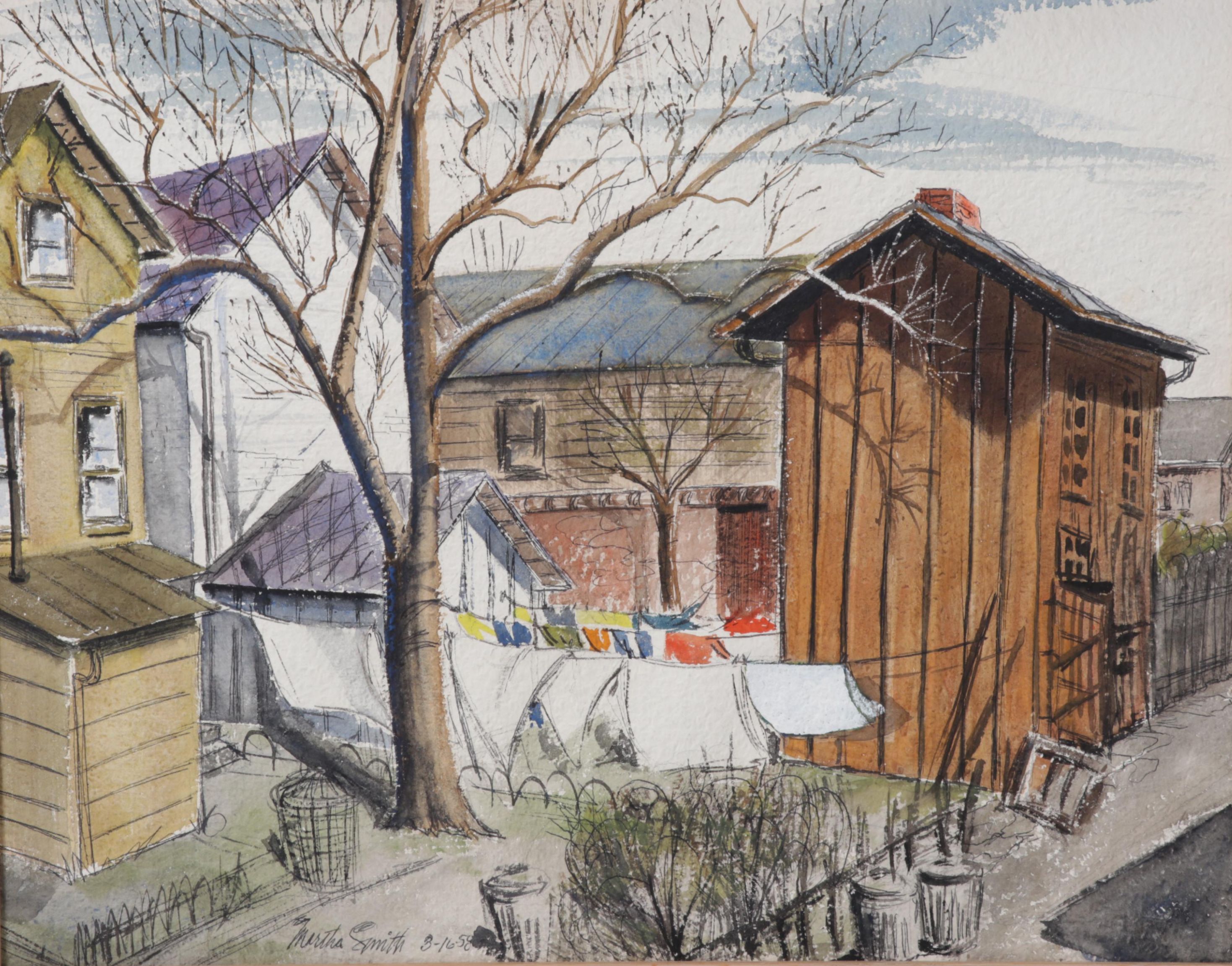 Martha E. Smith Folk Art Watercolor Painting of Clotheslines, 1958