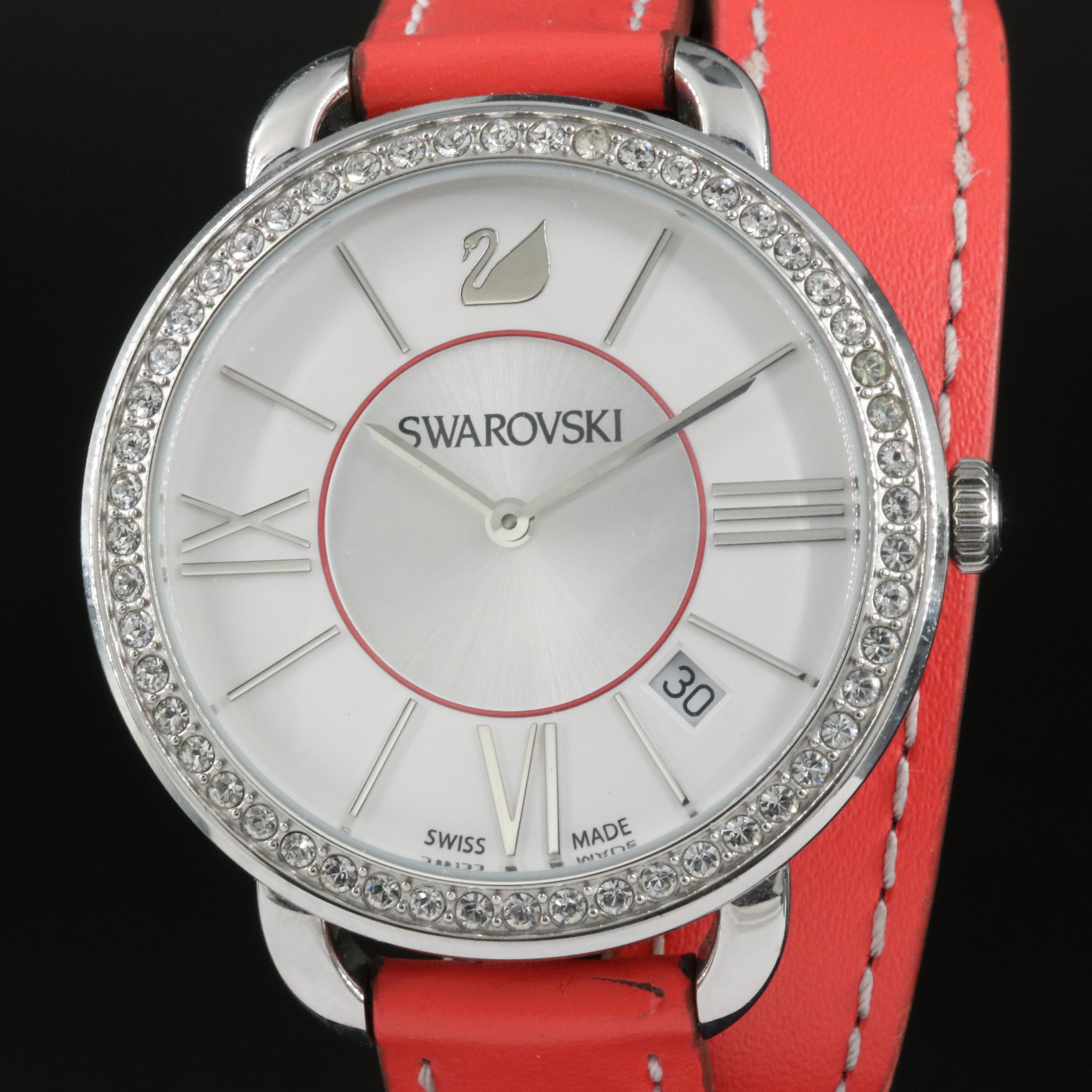 Swarovski Crystal Bezel Leather Wrap Watch