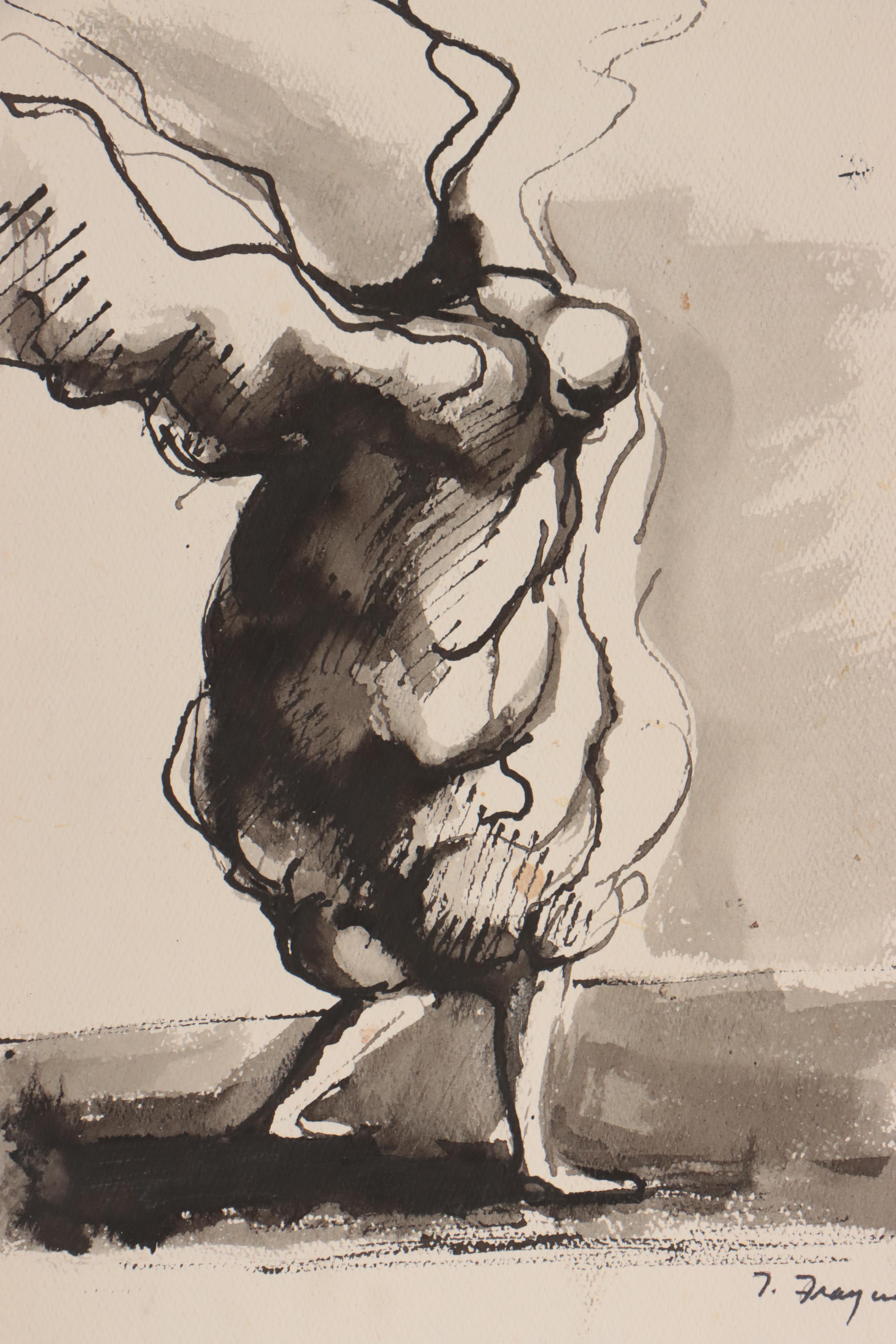 Ink Wash Painting "Windwalker," Circa 1957