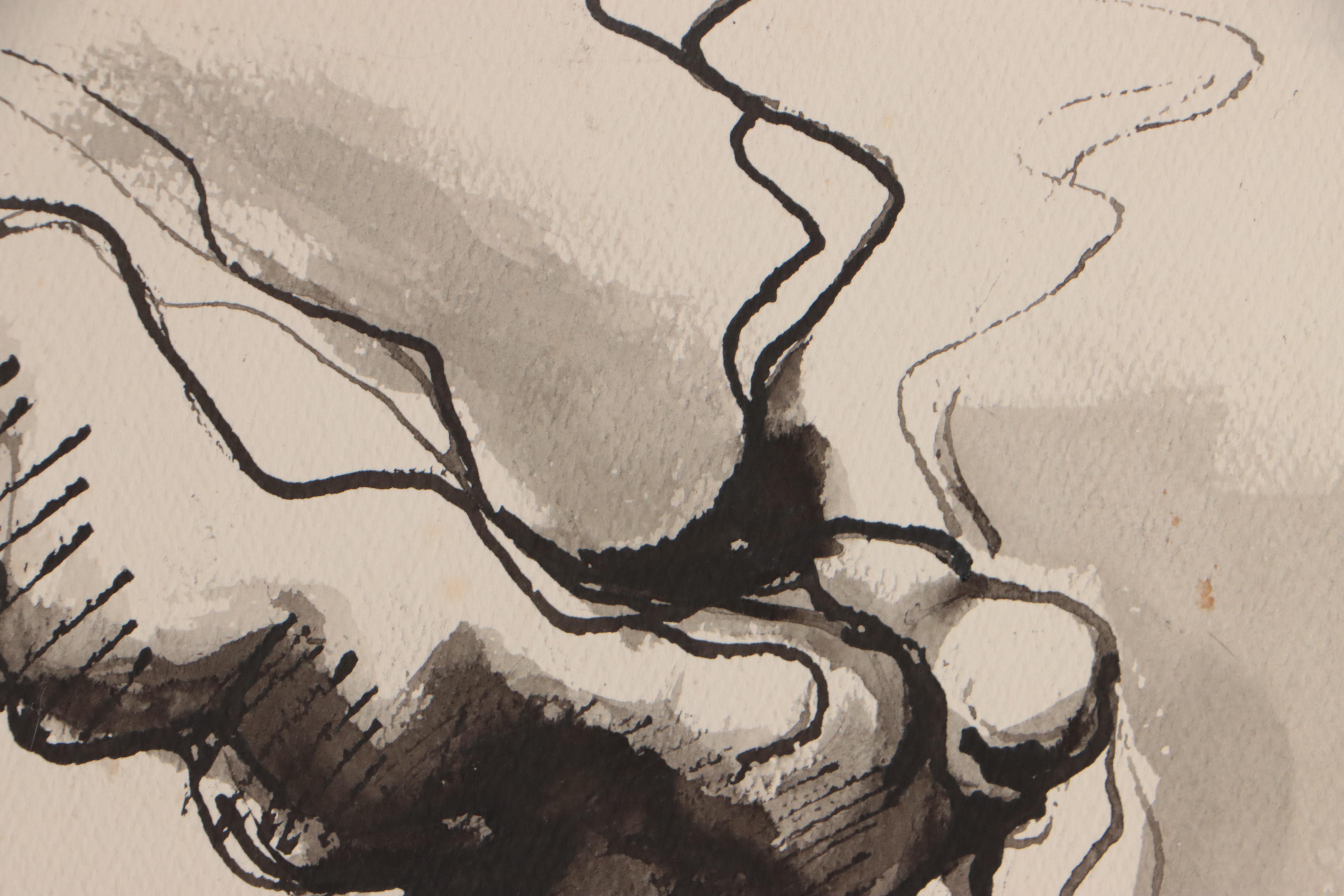 Ink Wash Painting "Windwalker," Circa 1957