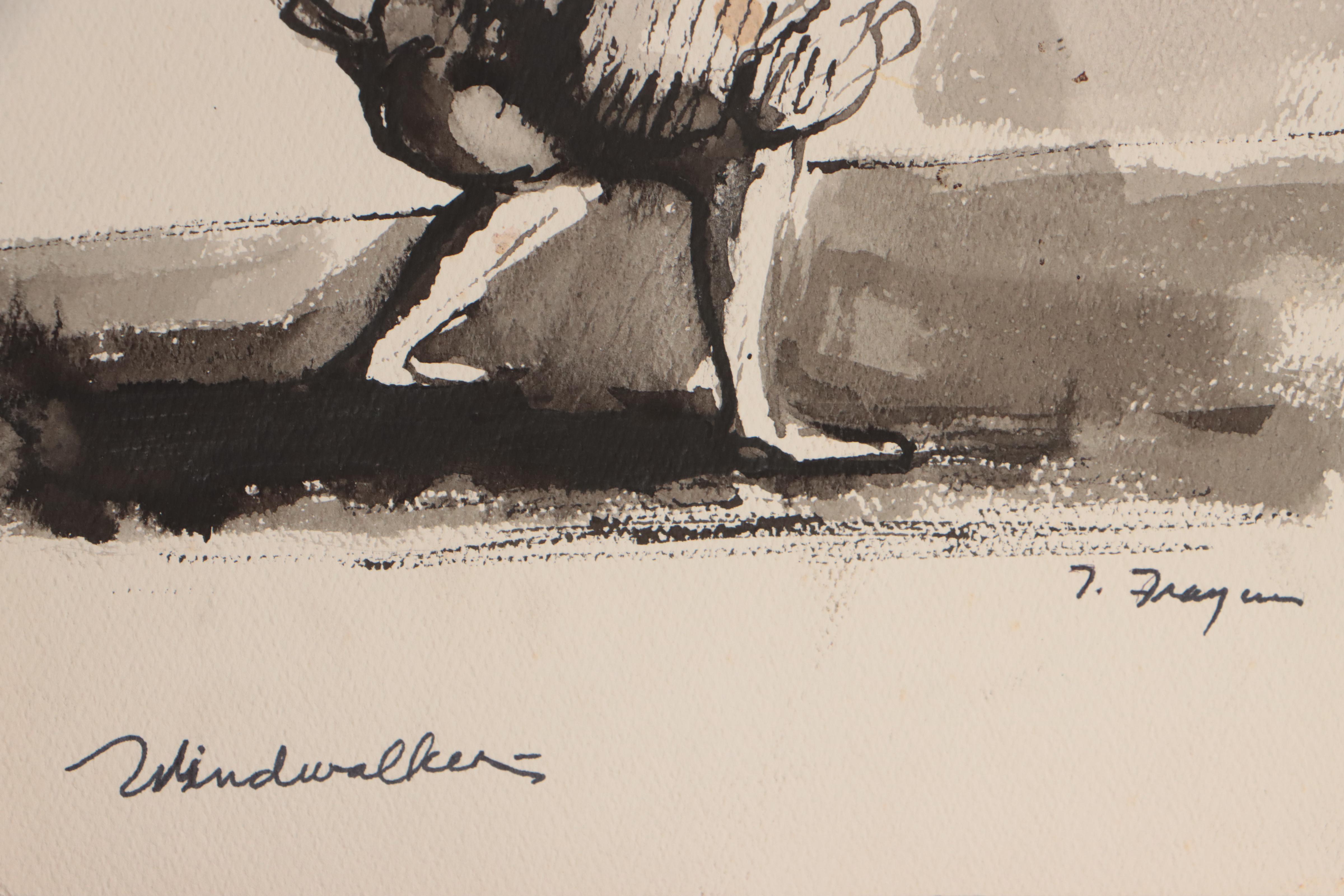 Ink Wash Painting "Windwalker," Circa 1957