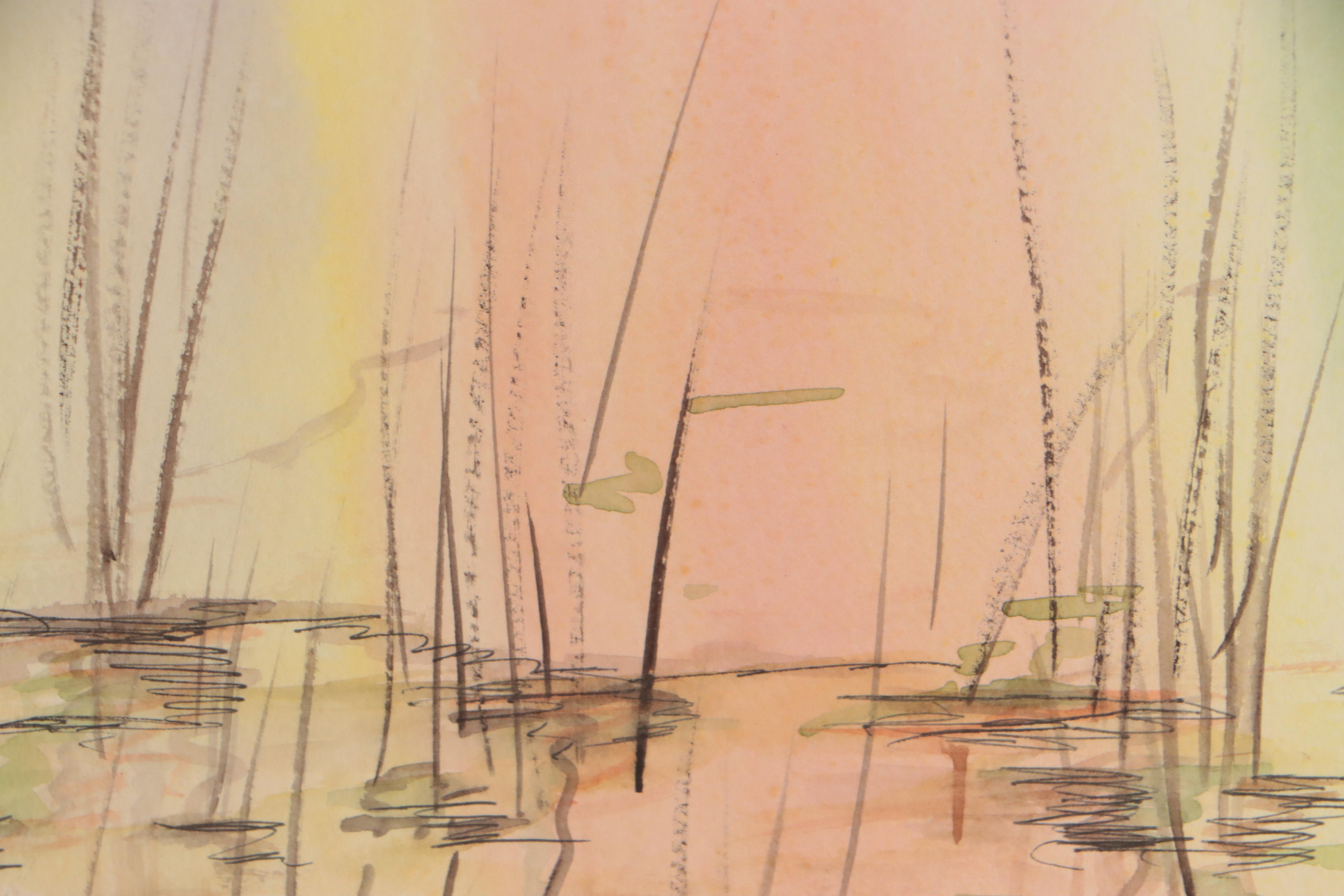 Watercolor Painting of Reeds in Pond Landscape