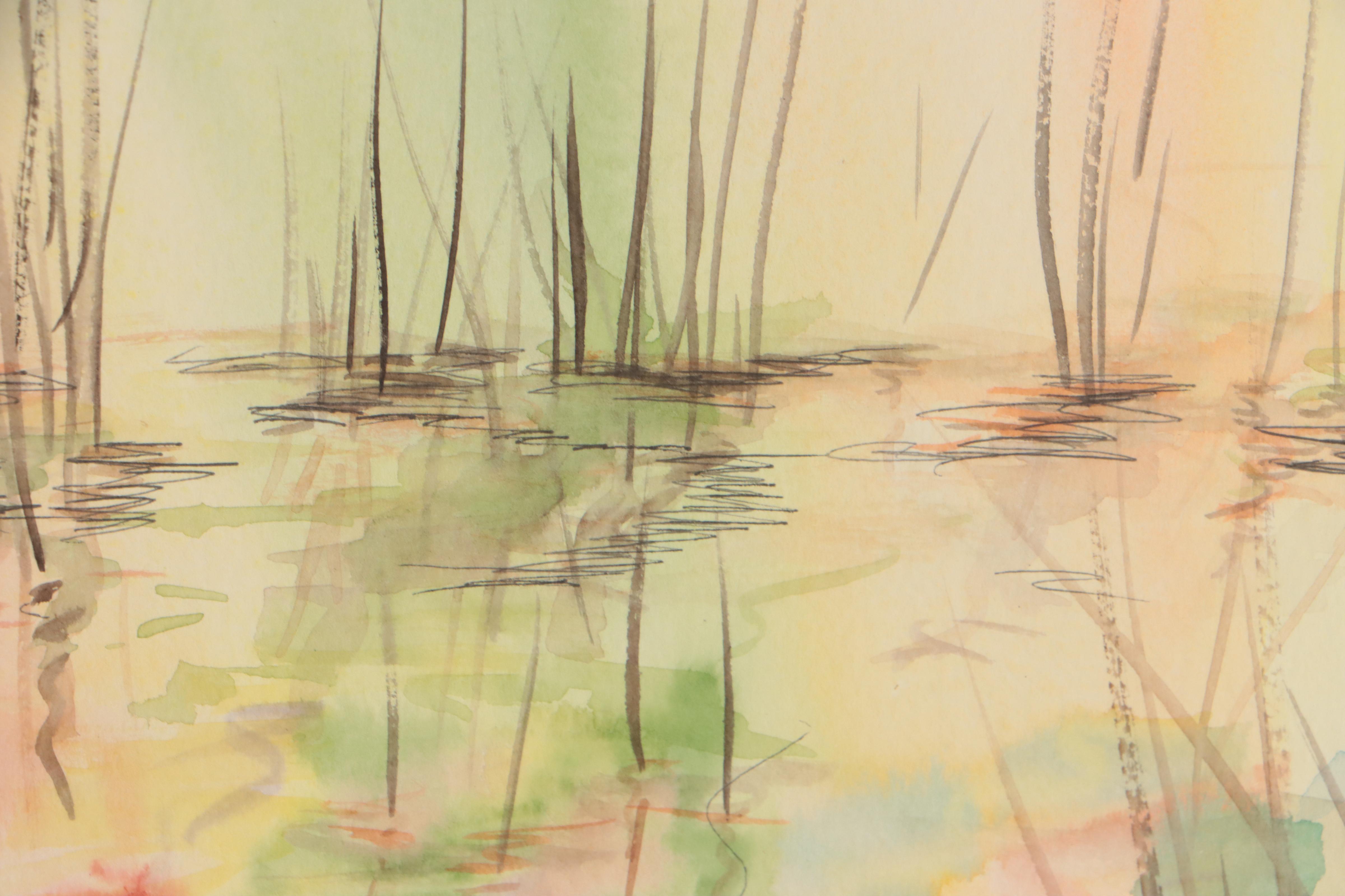Watercolor Painting of Reeds in Pond Landscape