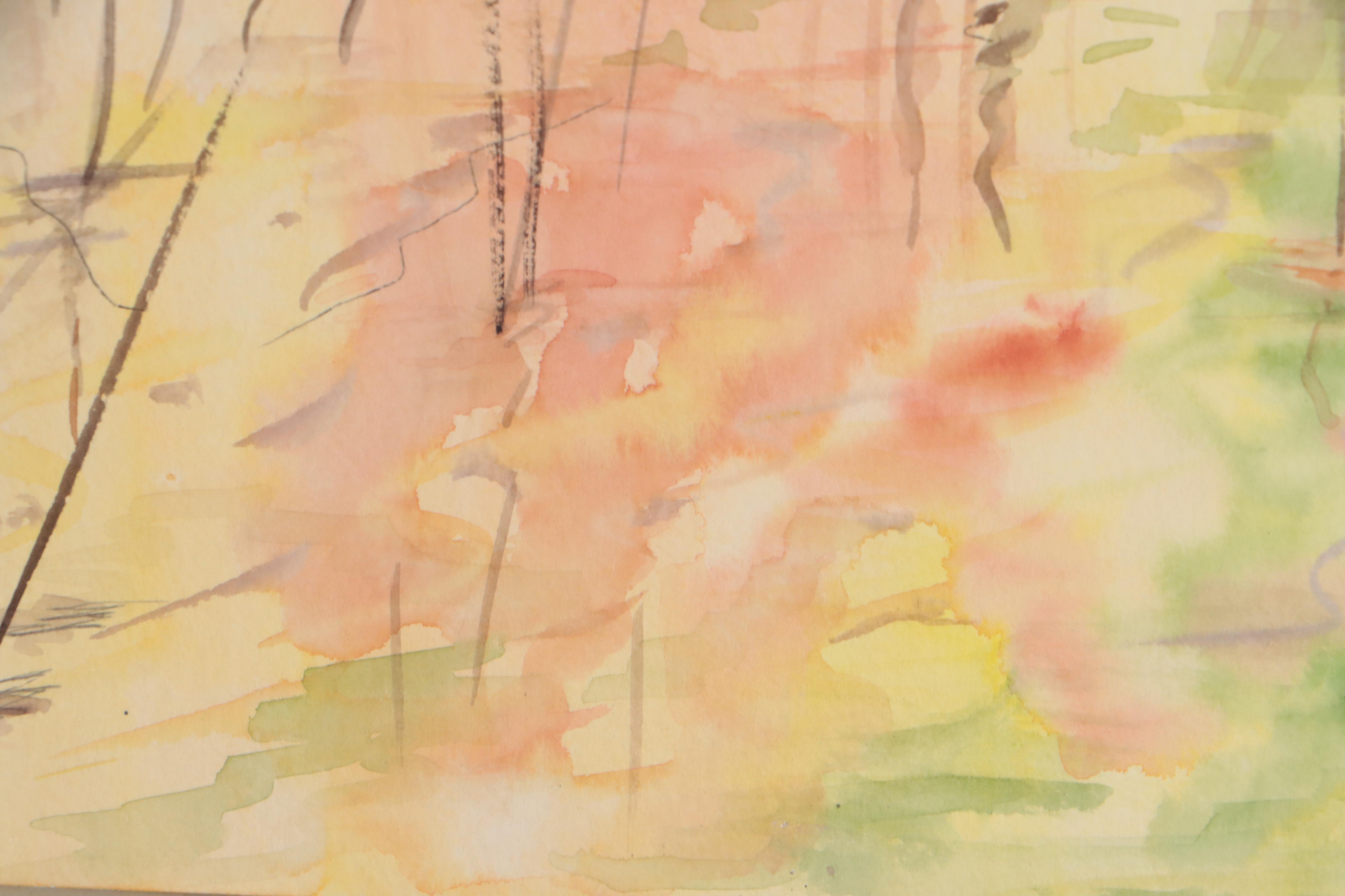 Watercolor Painting of Reeds in Pond Landscape