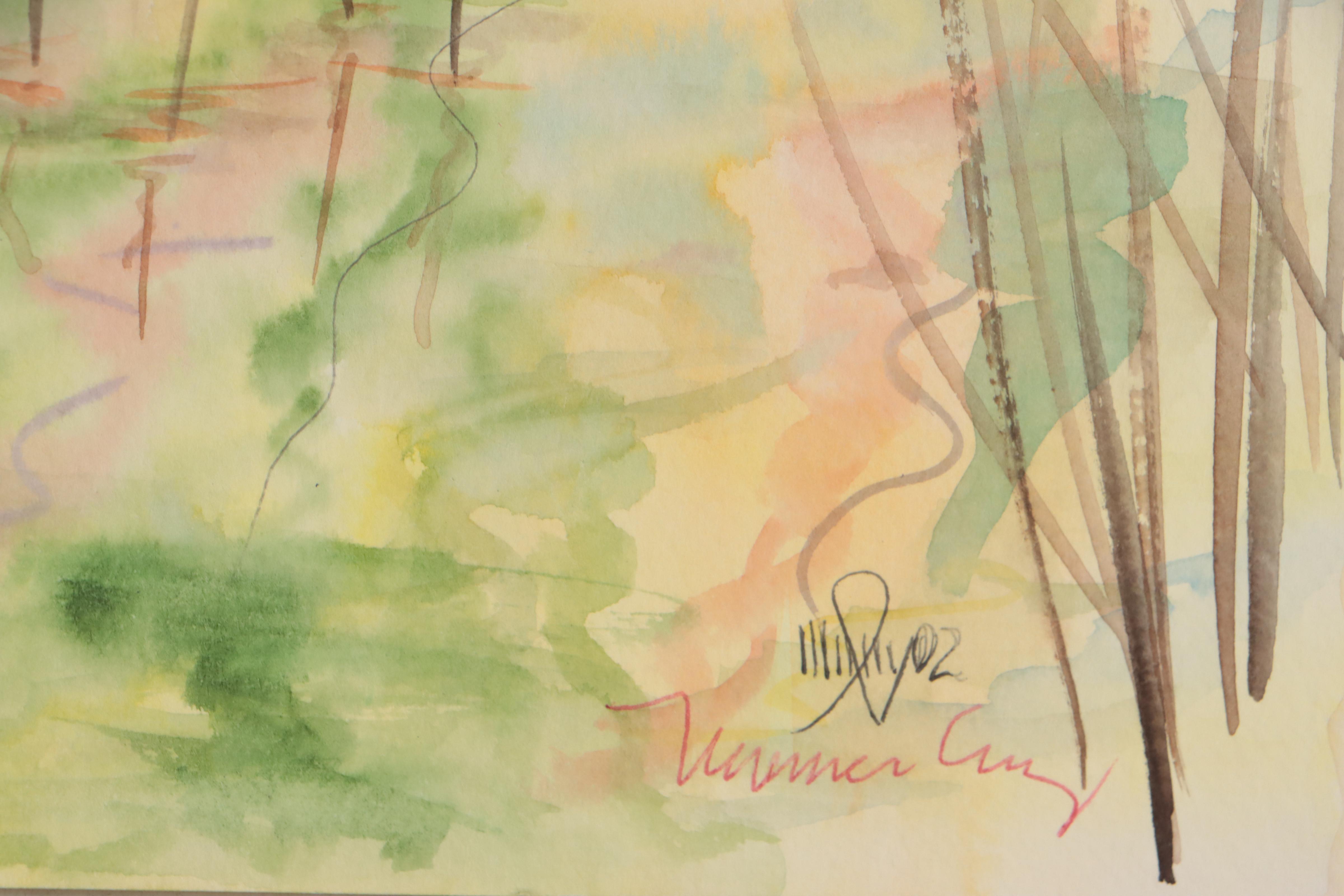 Watercolor Painting of Reeds in Pond Landscape