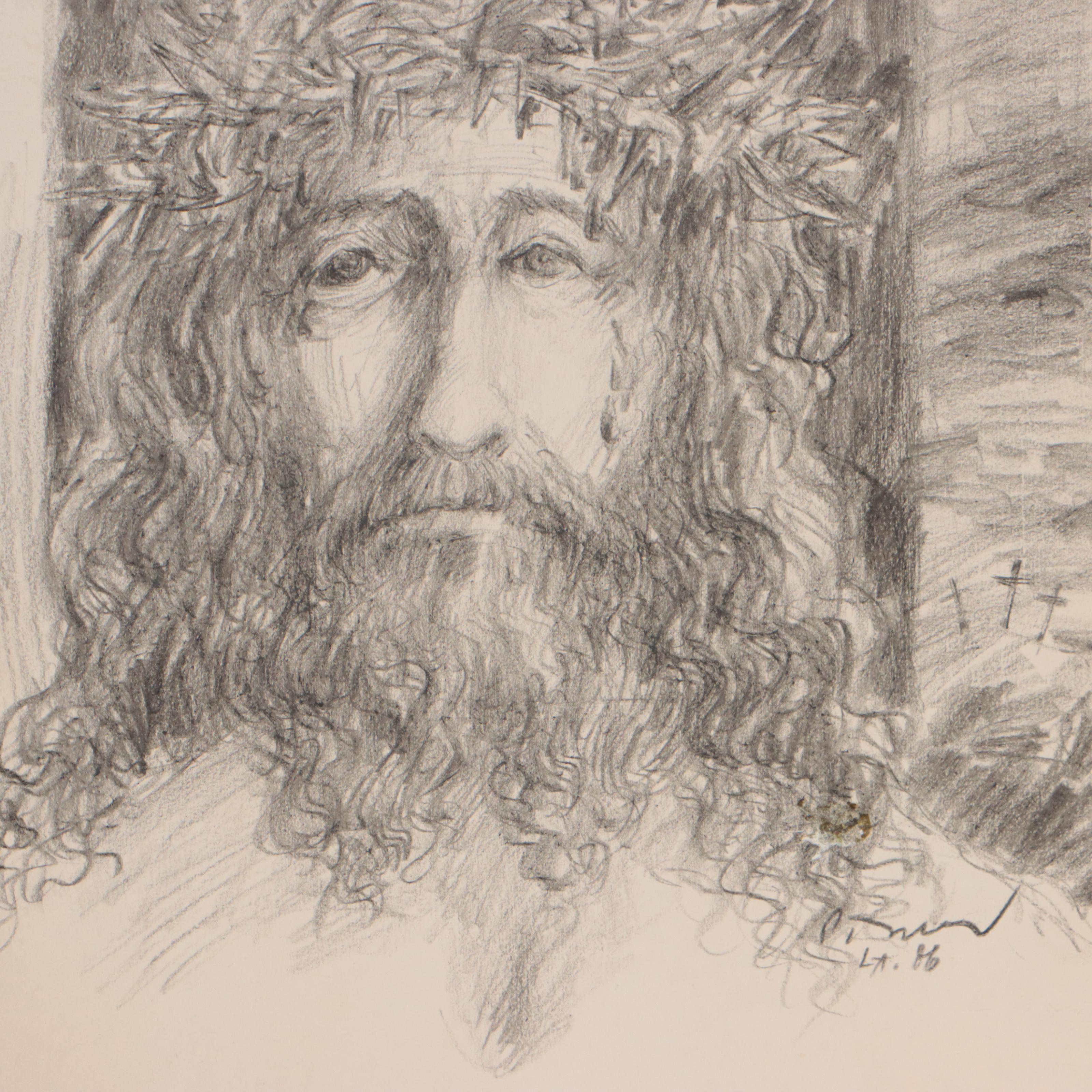 Black Crayon Drawings of Portraits of Christ, 1986