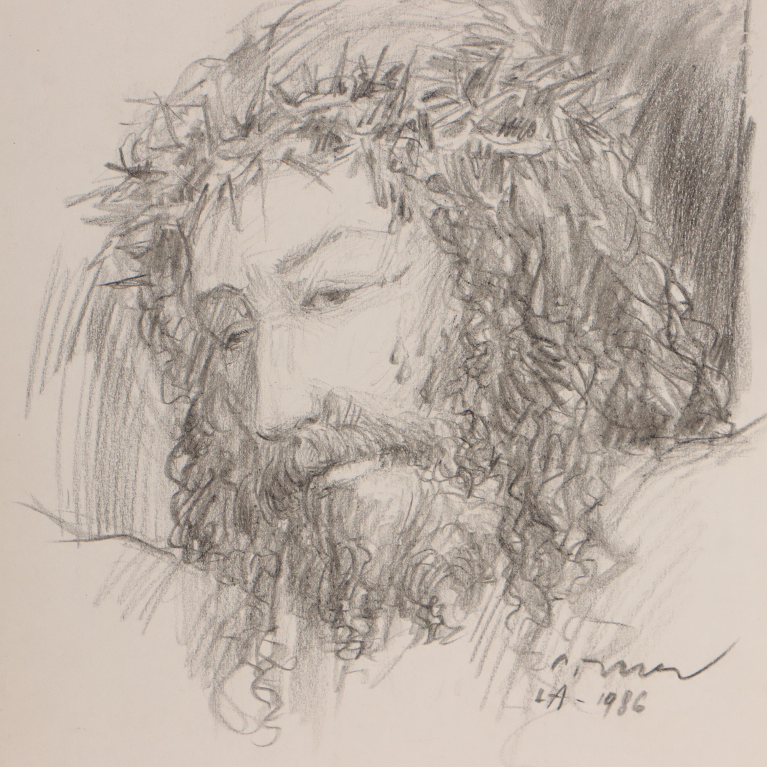 Black Crayon Drawings of Portraits of Christ, 1986