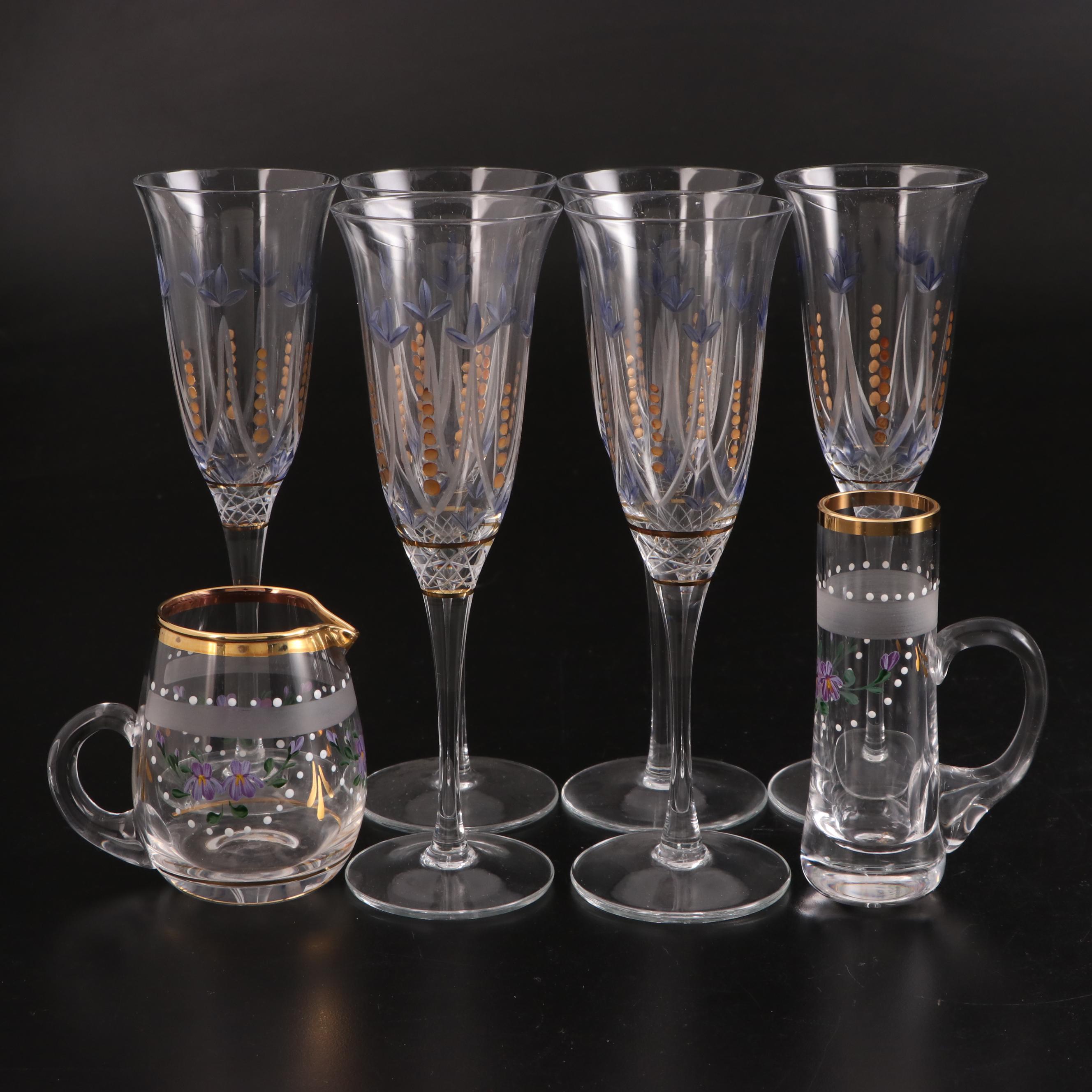 Hand-Painted Glass Flutes with Painted Creamer and Shot Glass