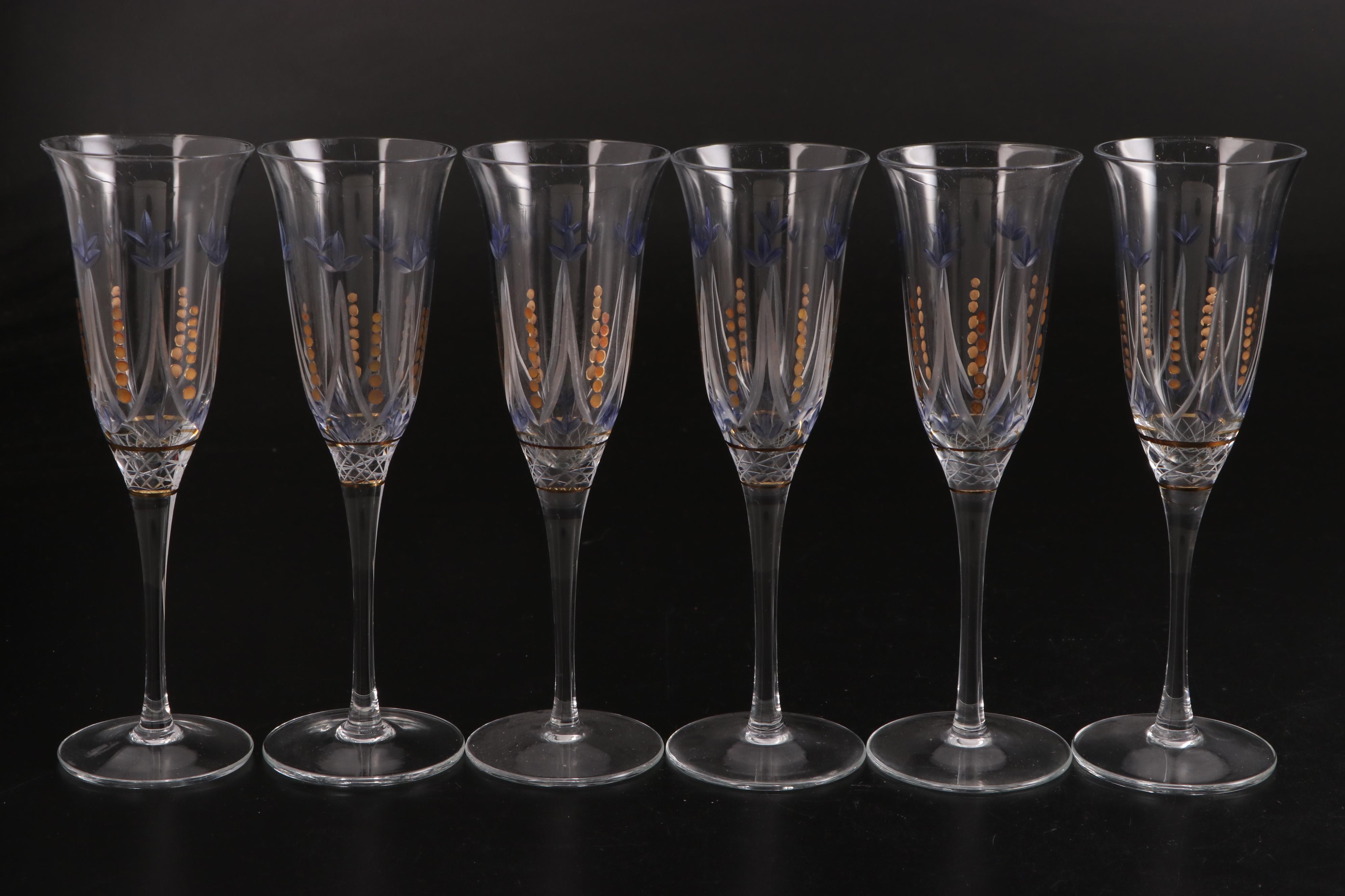 Hand-Painted Glass Flutes with Painted Creamer and Shot Glass