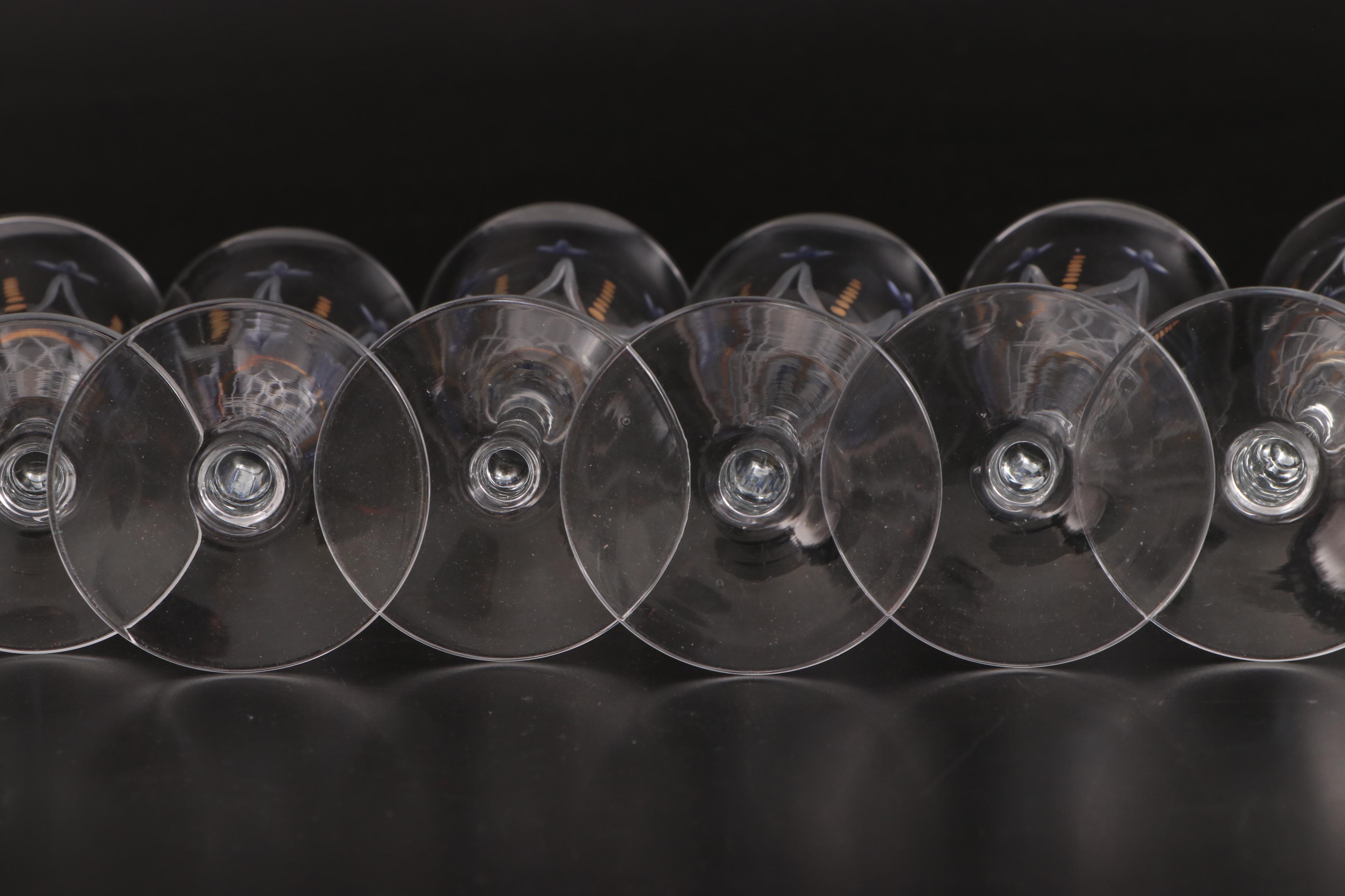 Hand-Painted Glass Flutes with Painted Creamer and Shot Glass