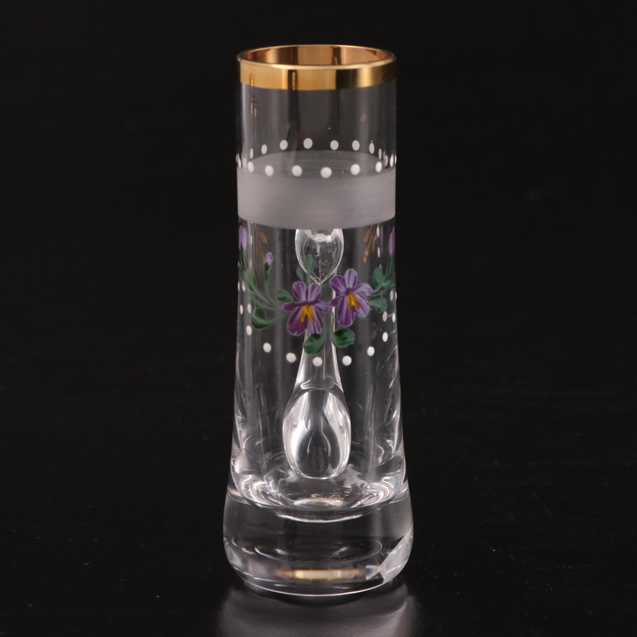 Hand-Painted Glass Flutes with Painted Creamer and Shot Glass