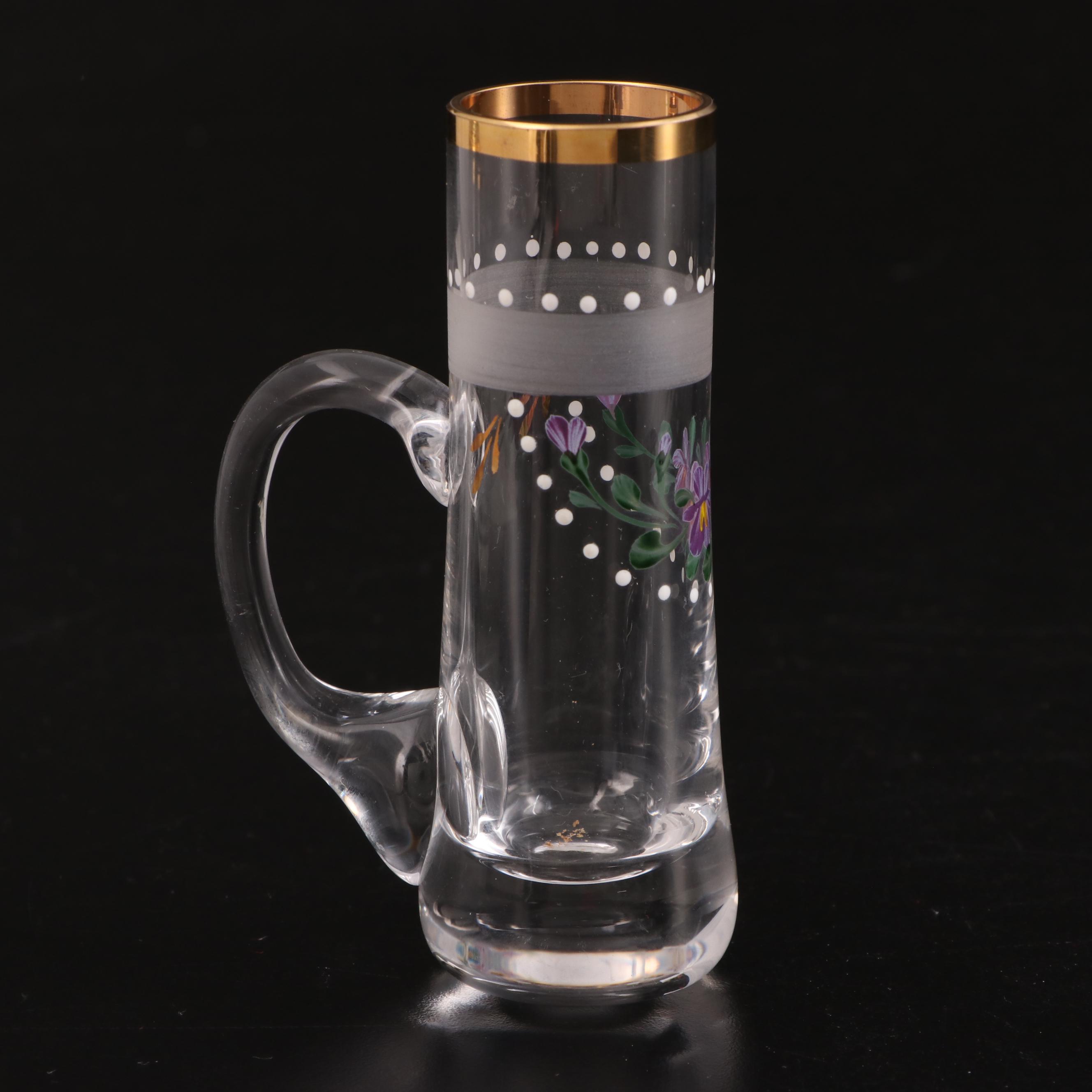 Hand-Painted Glass Flutes with Painted Creamer and Shot Glass
