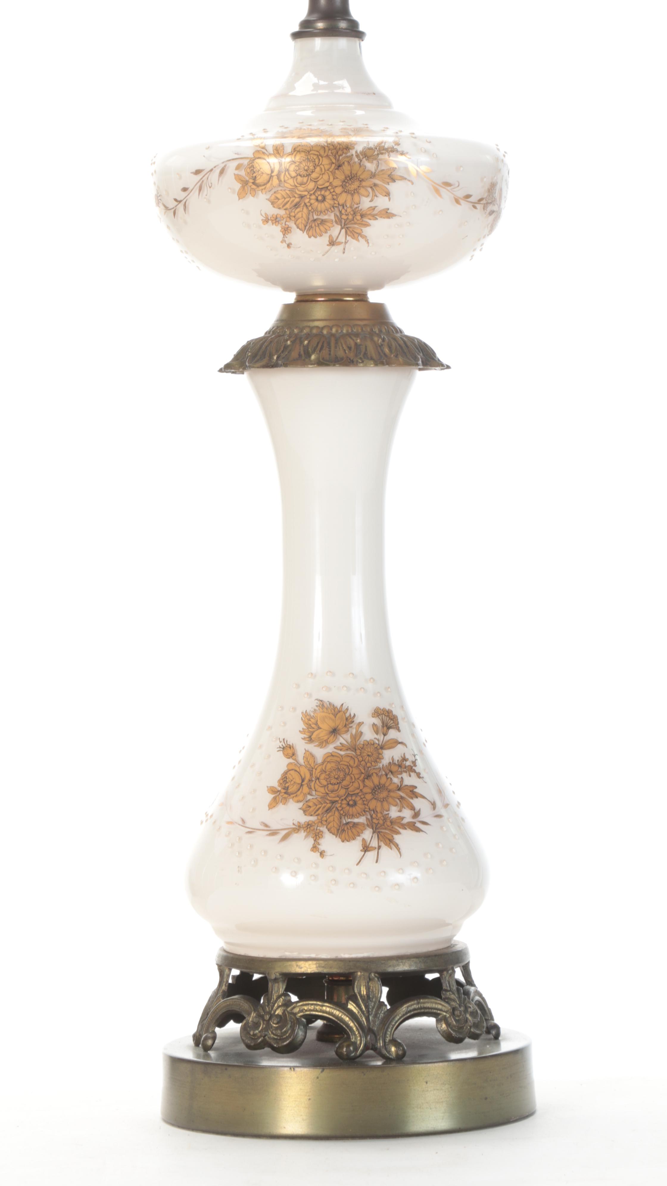 Transfer Decorated Glass and Brass Table Lamp, Mid to Late 20th Century