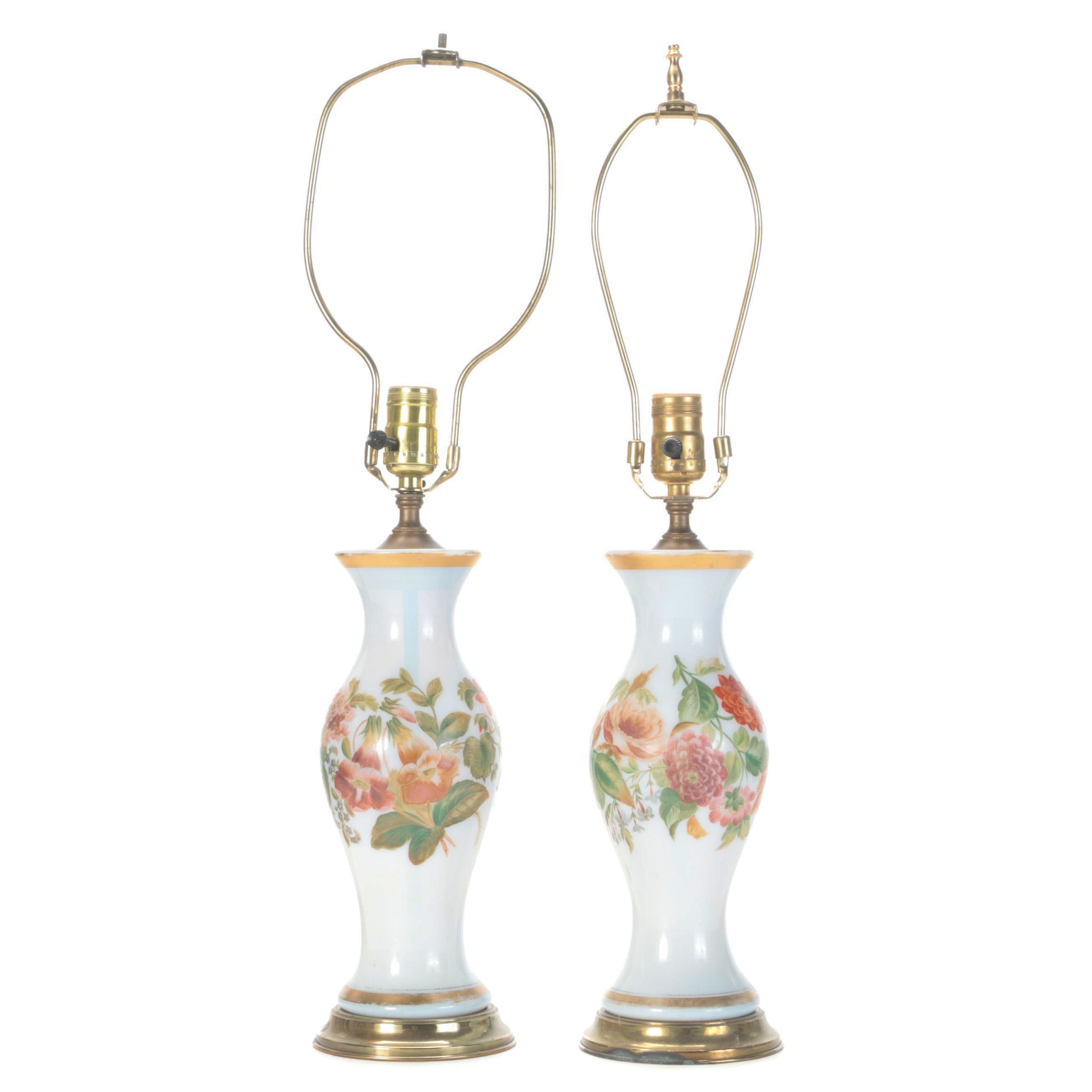 Pair of Hand-Painted and Gilt Edged Milk Glass Vase Table Lamps, Mid-20th C