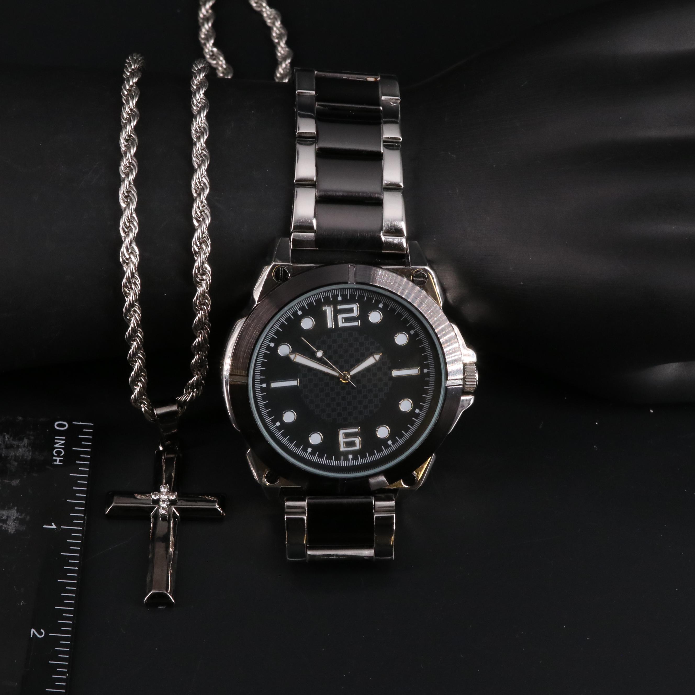 Quartz Watch and Cross Pendant Necklace Set