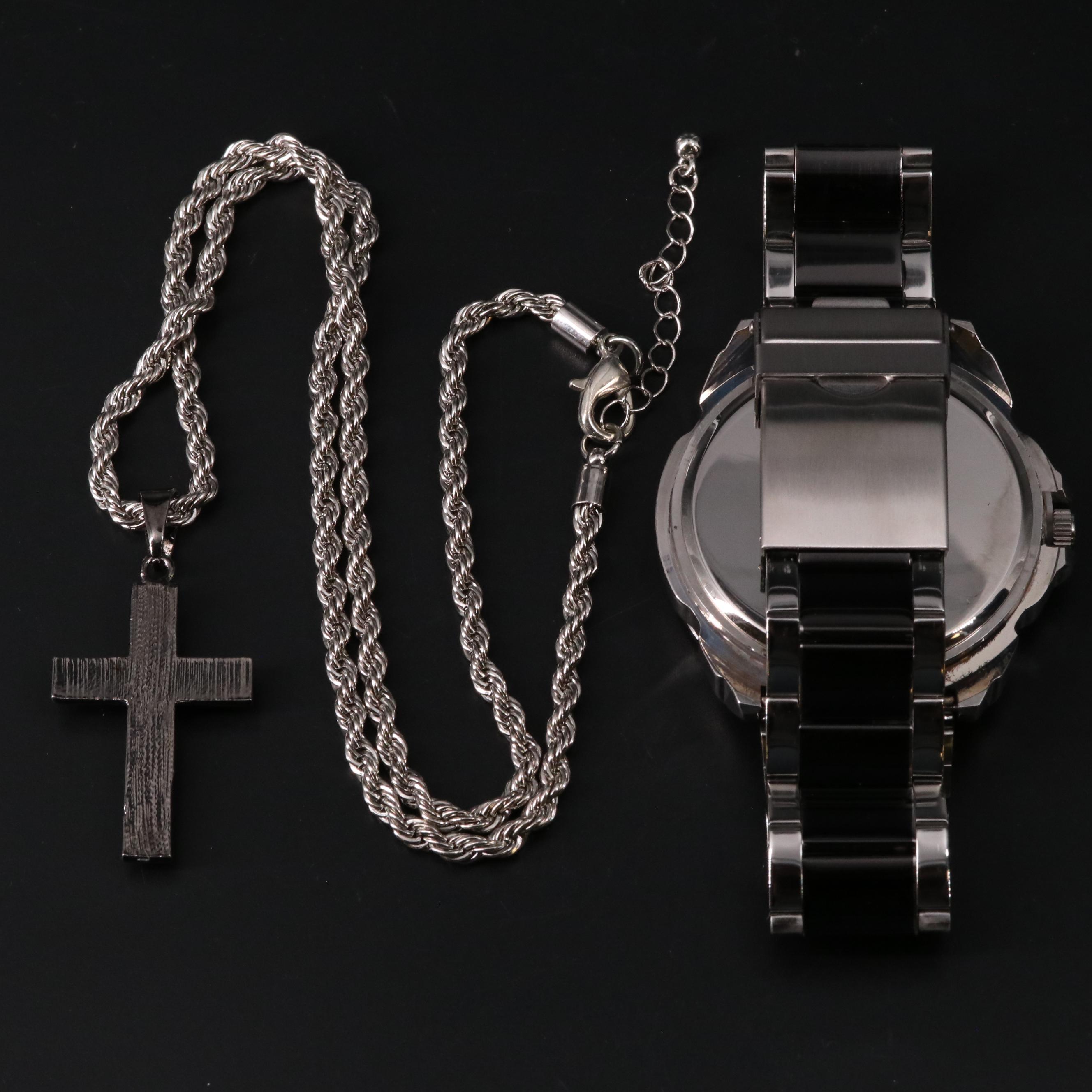 Quartz Watch and Cross Pendant Necklace Set