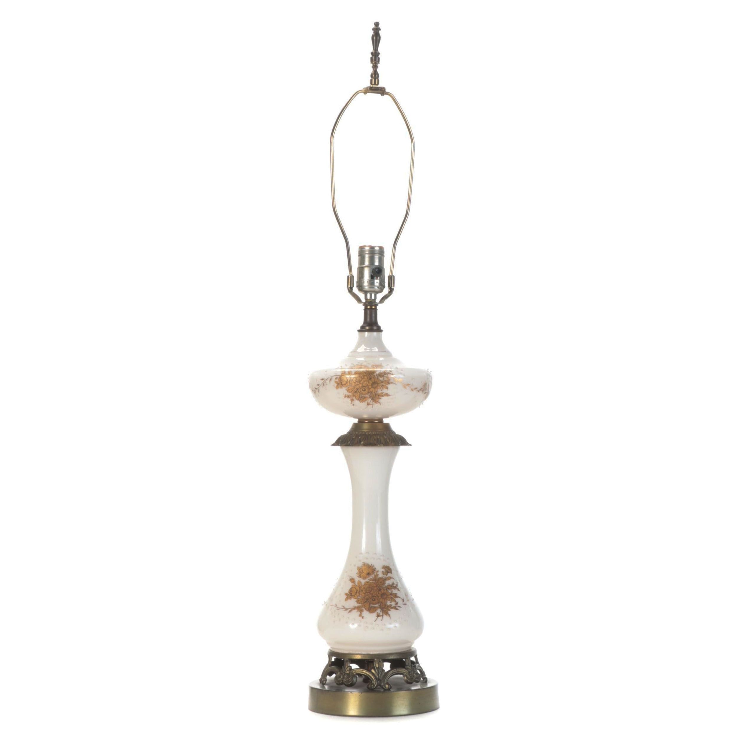 Transfer Decorated Glass and Brass Table Lamp, Mid to Late 20th Century