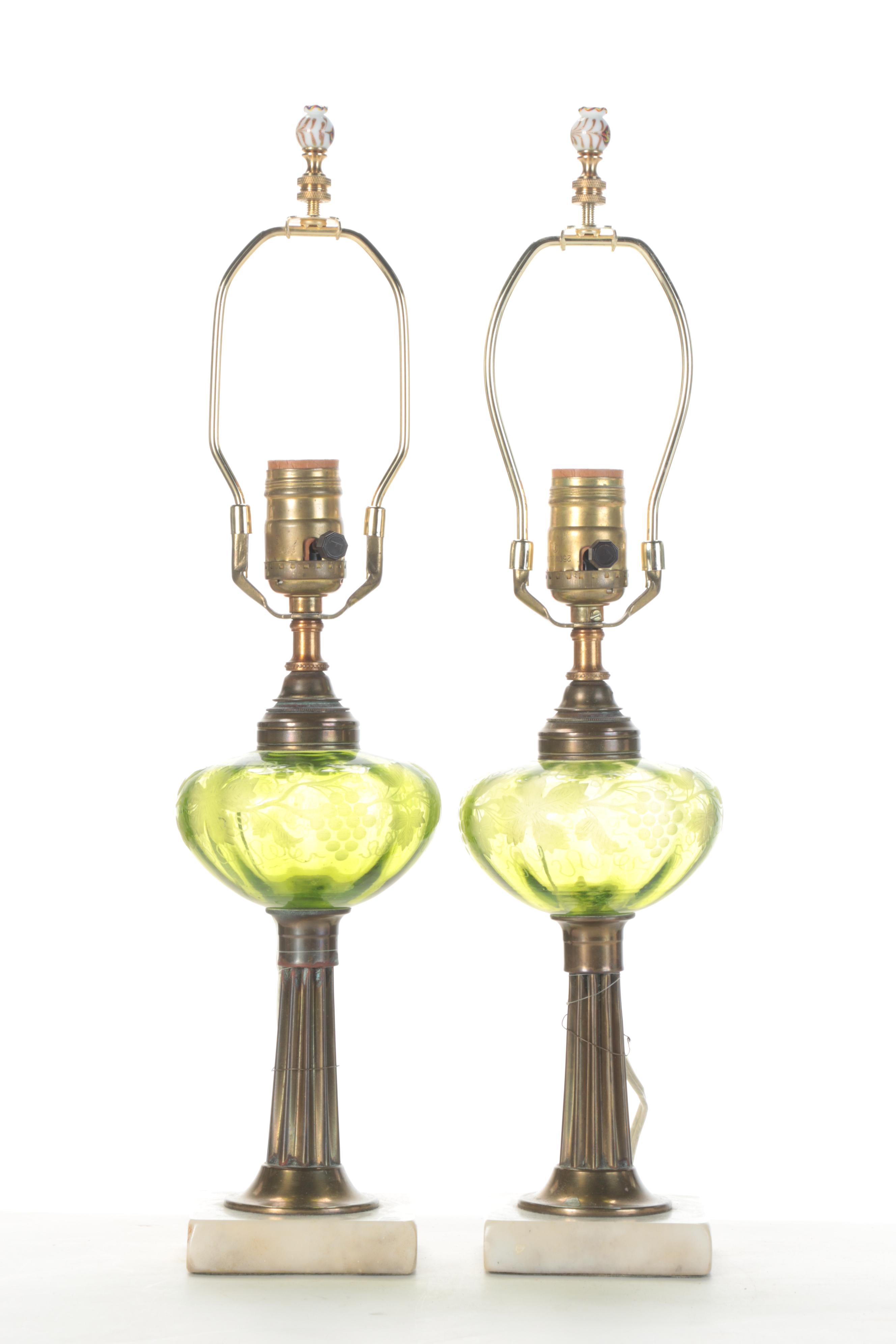 Pair of Etched Green Glass, Marble and Brass Oil Lamps, Adapted Late 20th C