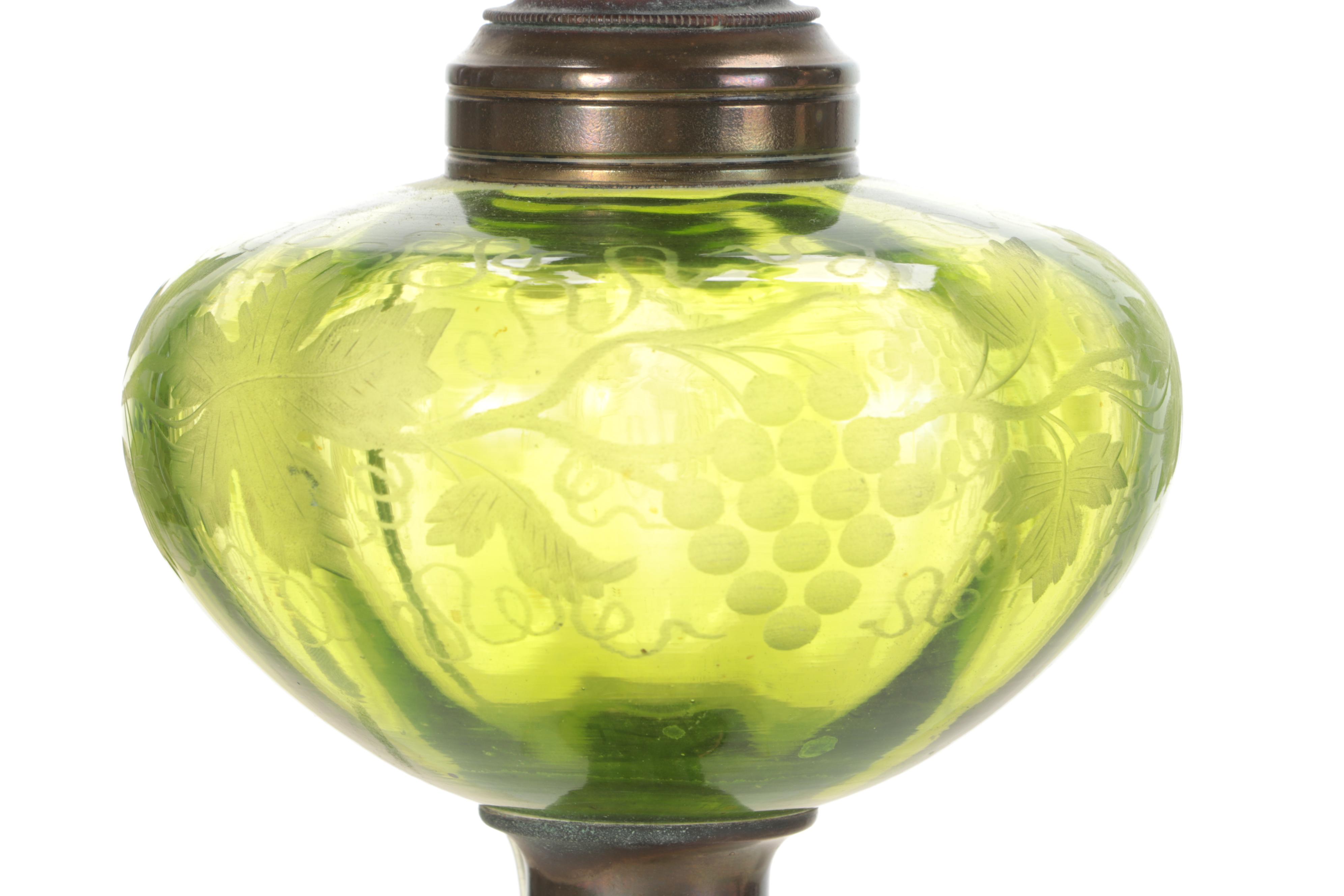 Pair of Etched Green Glass, Marble and Brass Oil Lamps, Adapted Late 20th C