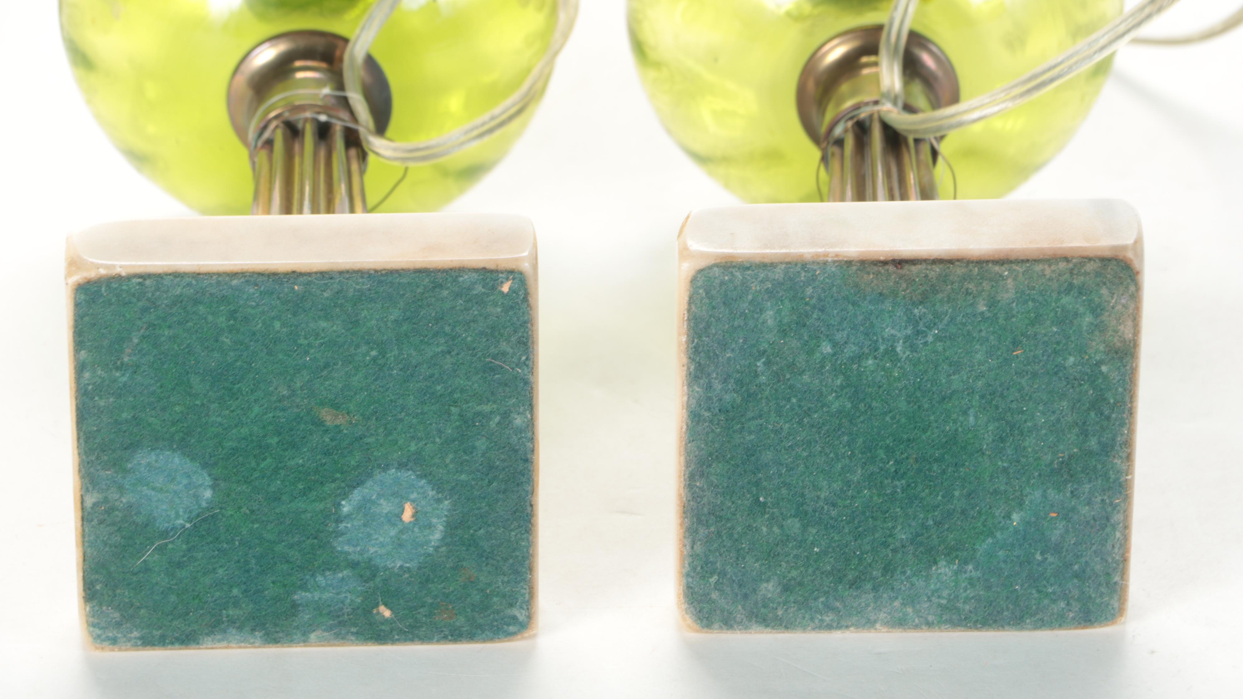 Pair of Etched Green Glass, Marble and Brass Oil Lamps, Adapted Late 20th C