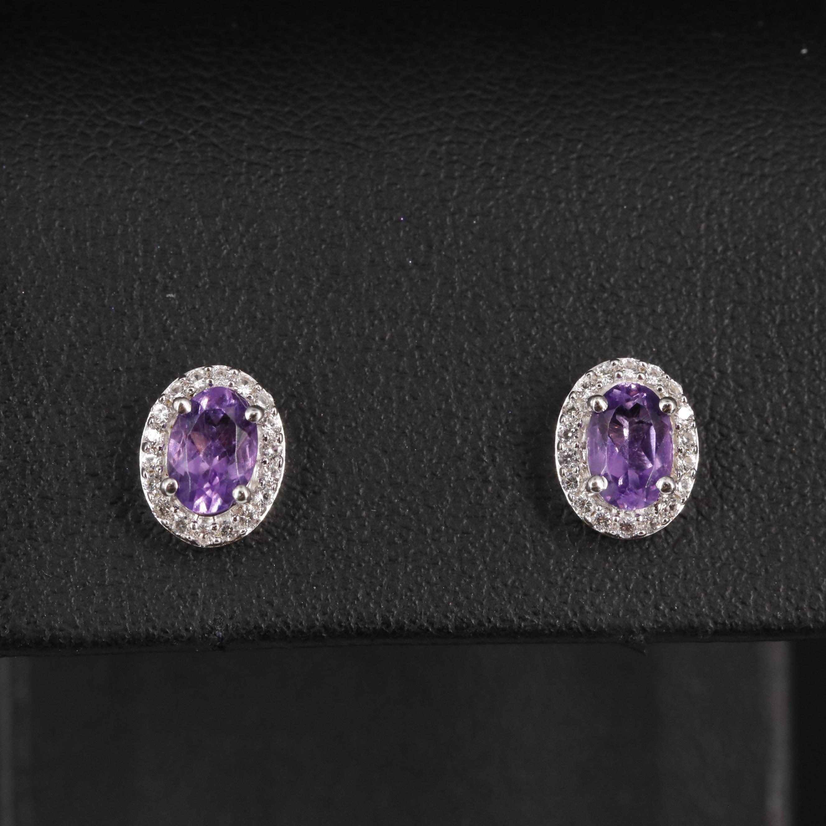 Sterling Amethyst and Sapphire Halo Stud Earrings