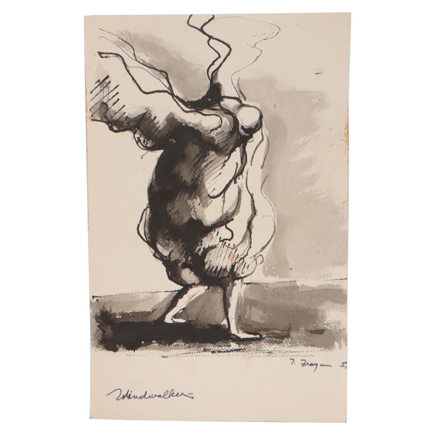 Ink Wash Painting "Windwalker," Circa 1957