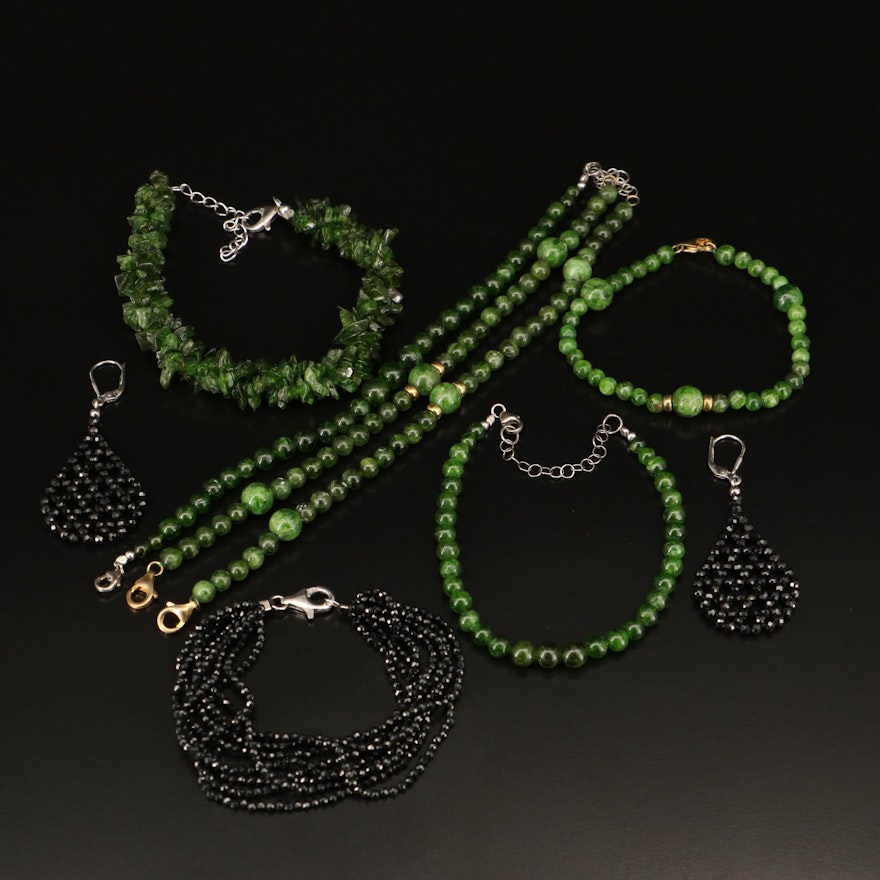 Sterling Diopside and Black Spinel Beaded Bracelets and Earrings