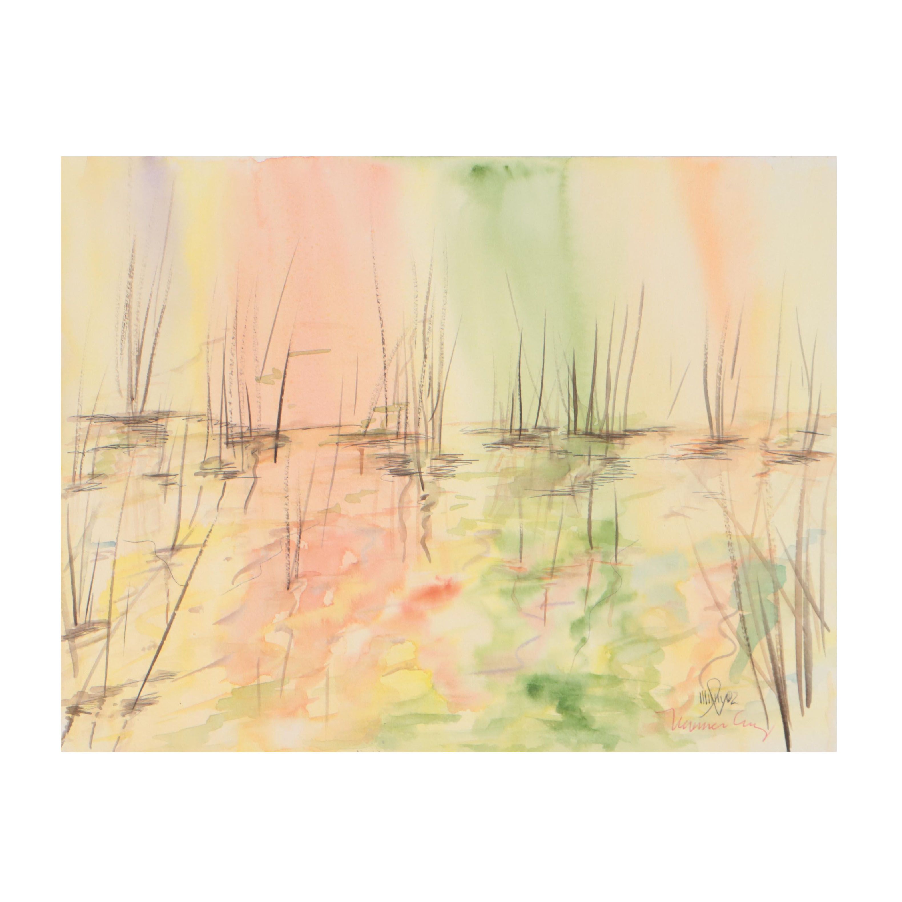 Watercolor Painting of Reeds in Pond Landscape